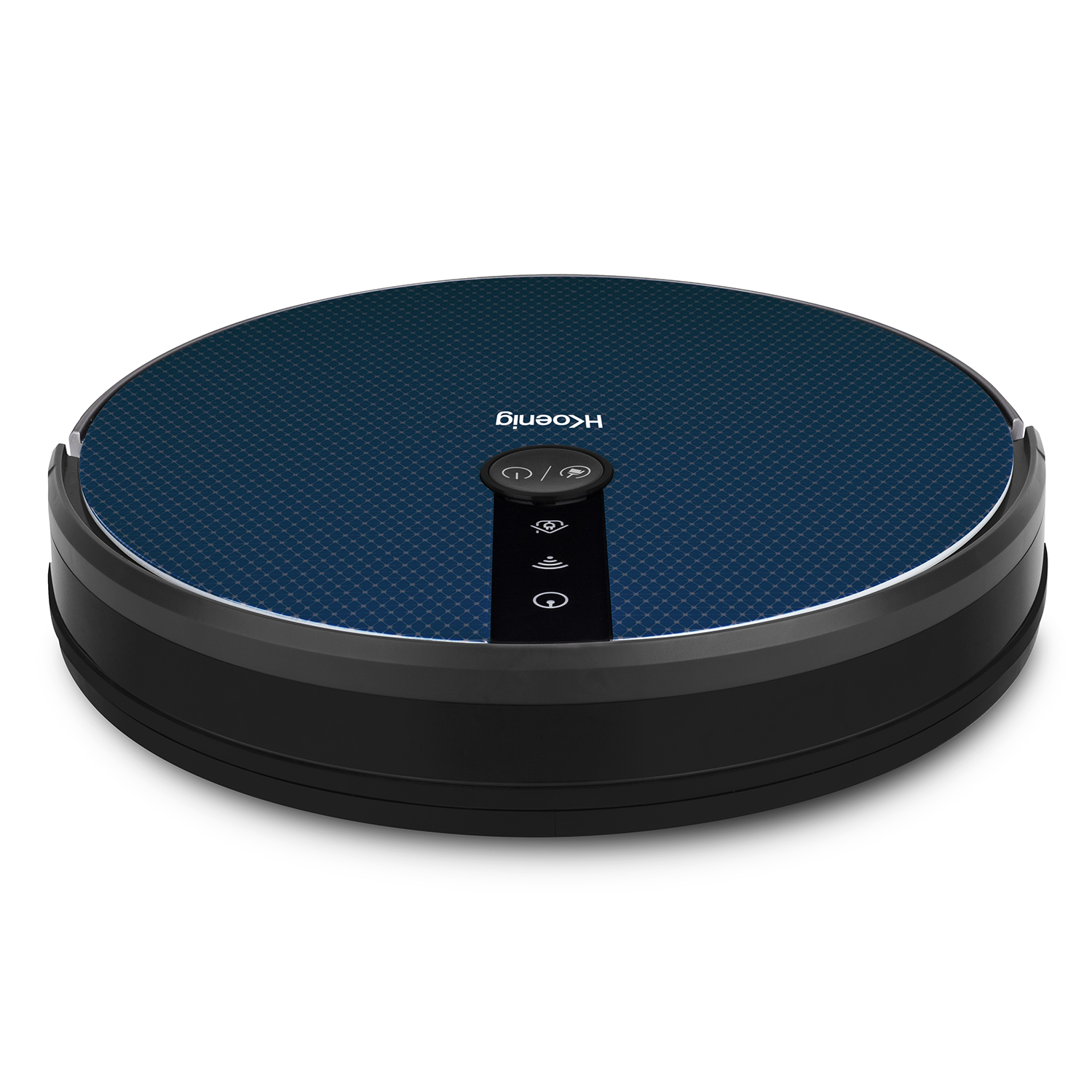 Niebiesko-czarny odkurzacz automatyczny. Okrągły kształt z przyciskami sterowania na górze.