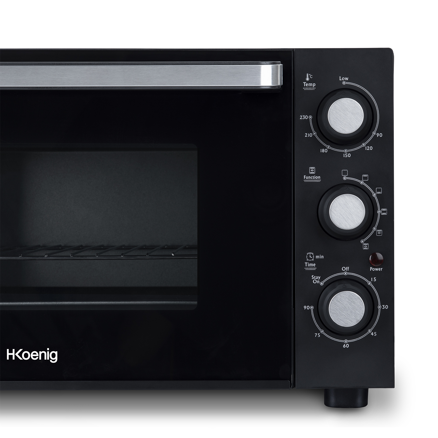 Un forno nero con tre manopole per temperatura, funzione e tempo. Il logo H Koenig è visibile.