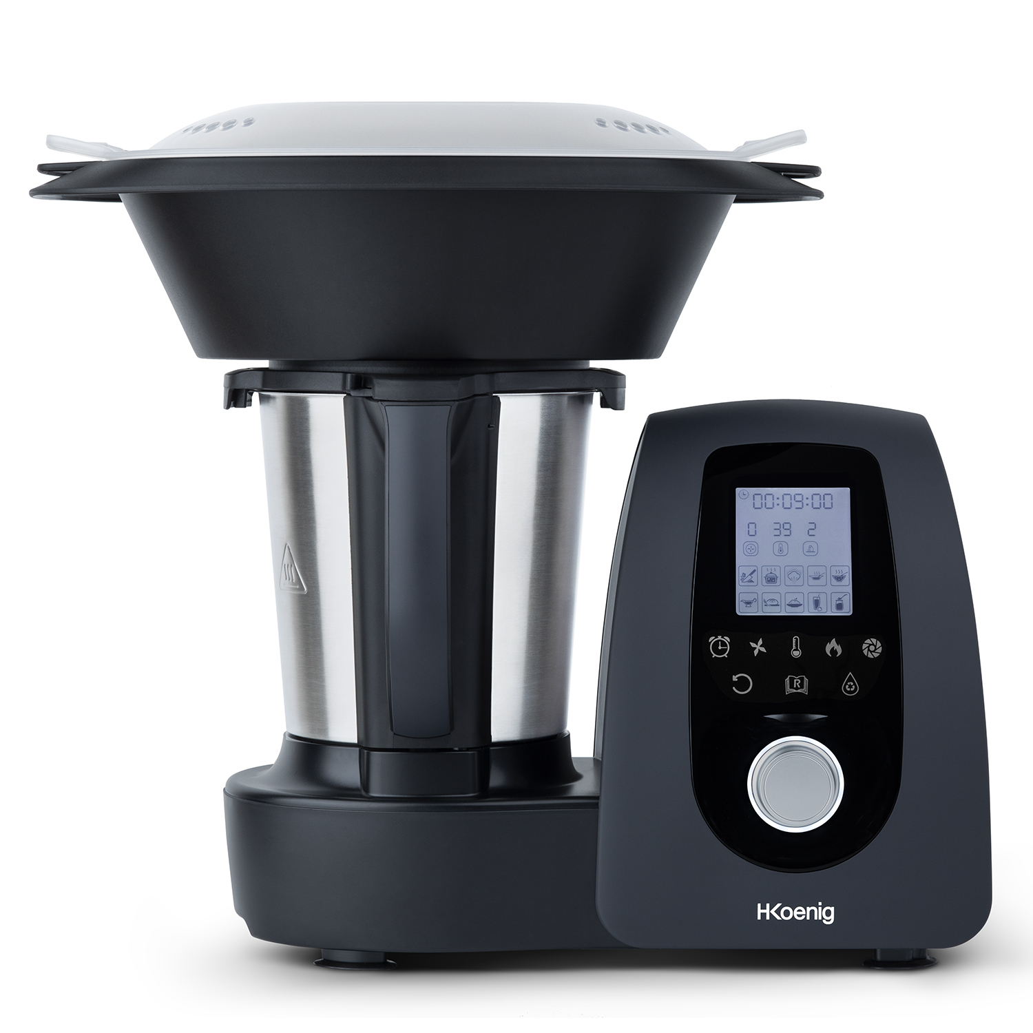 Robot da cucina nero con display digitale. Il marchio è H.Koenig. Sfondo bianco.