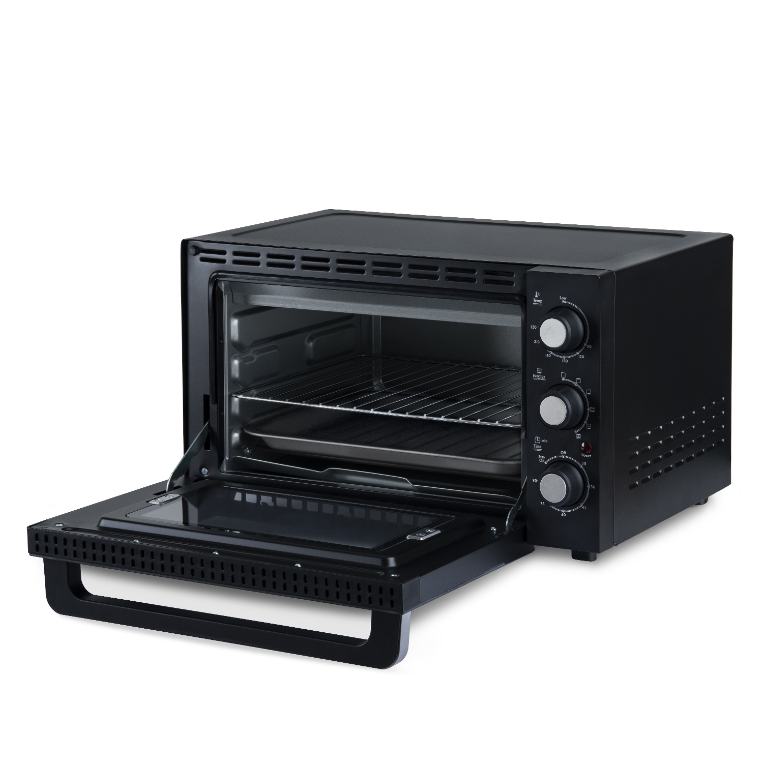 Mini forno nero con porta aperta. Interno con griglie e un vassoio. Sfondo bianco.