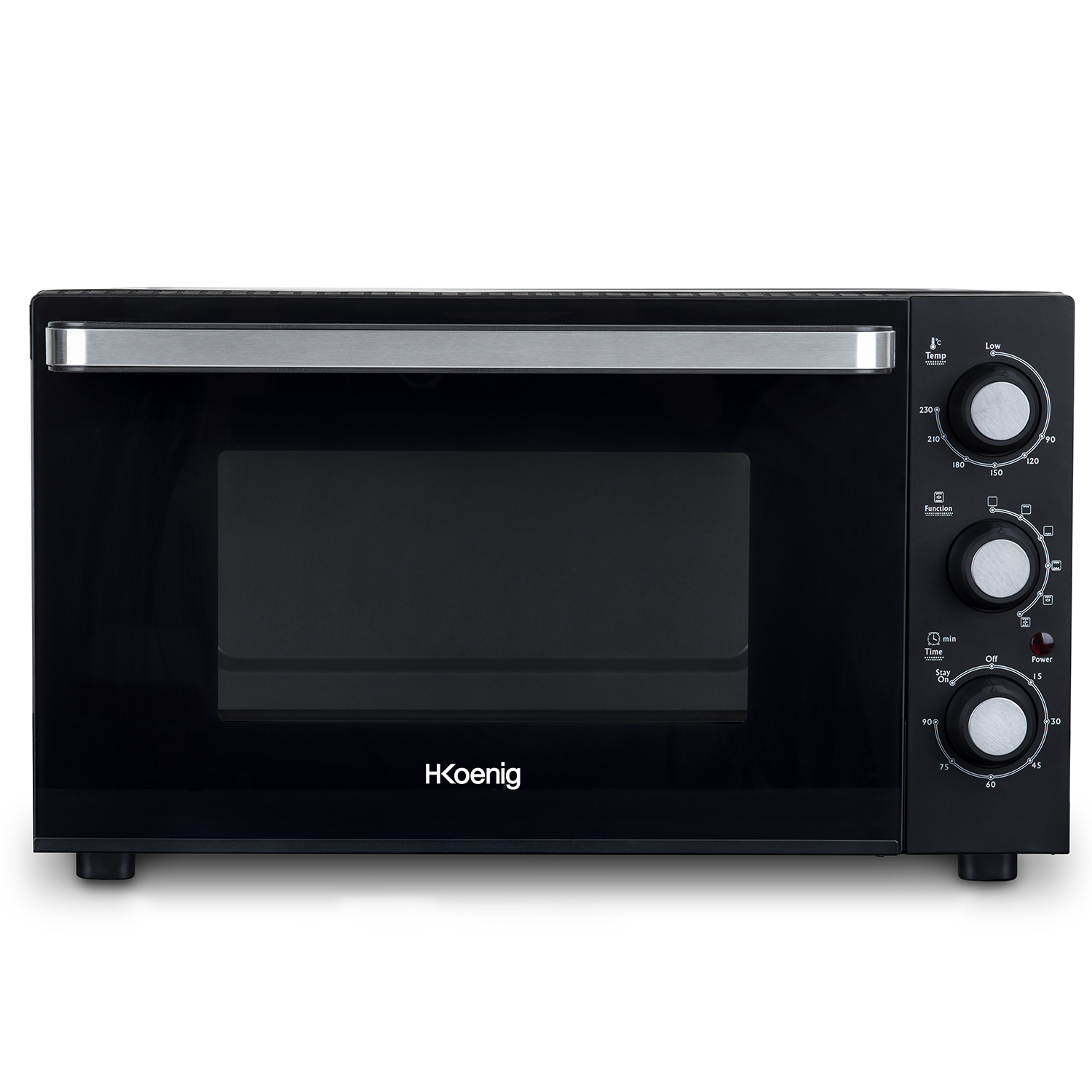 Un mini forno nero con maniglia e pannello di controllo argentati.