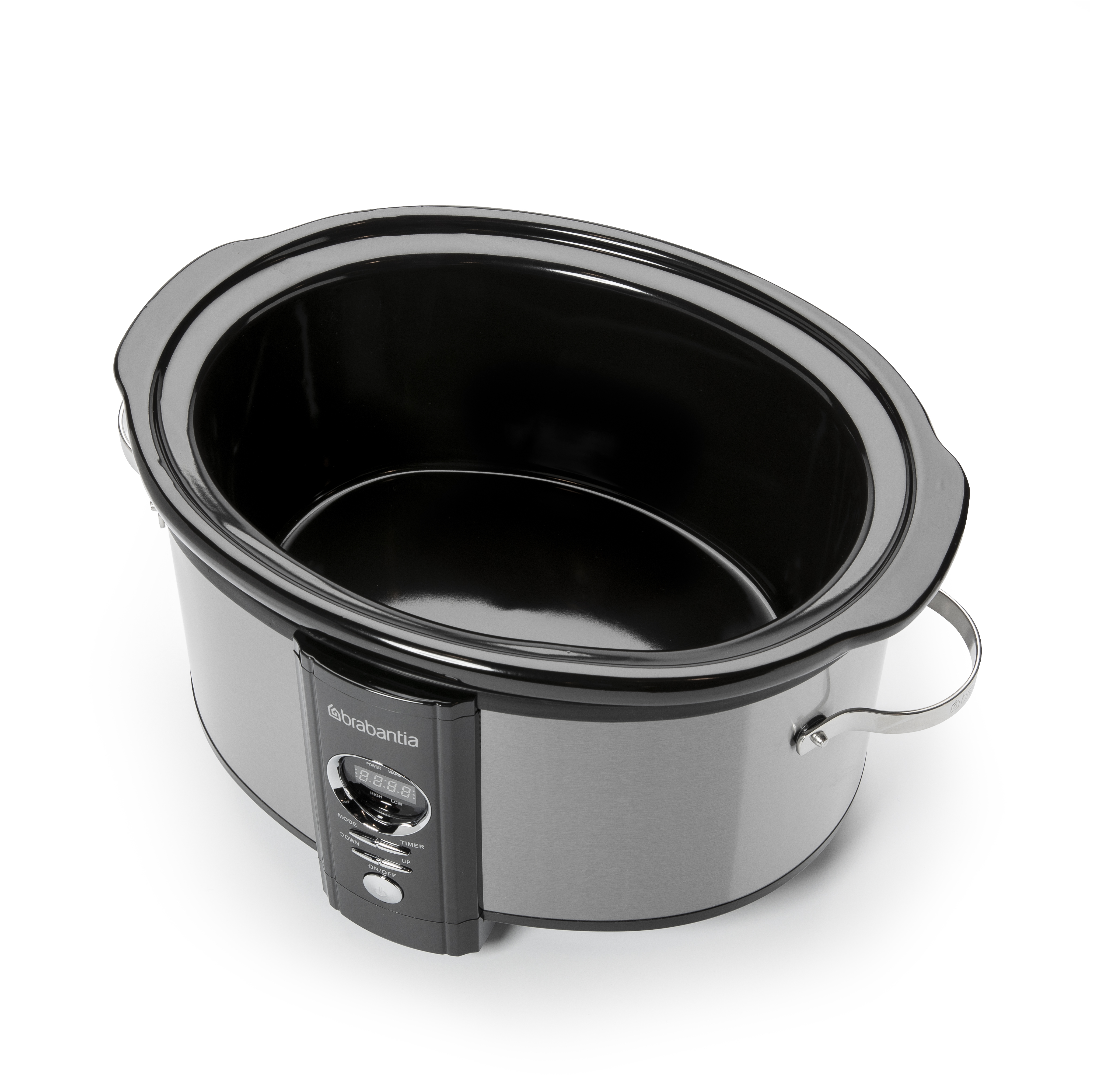 A silver and black slow cooker with a digital display, on a white surface.