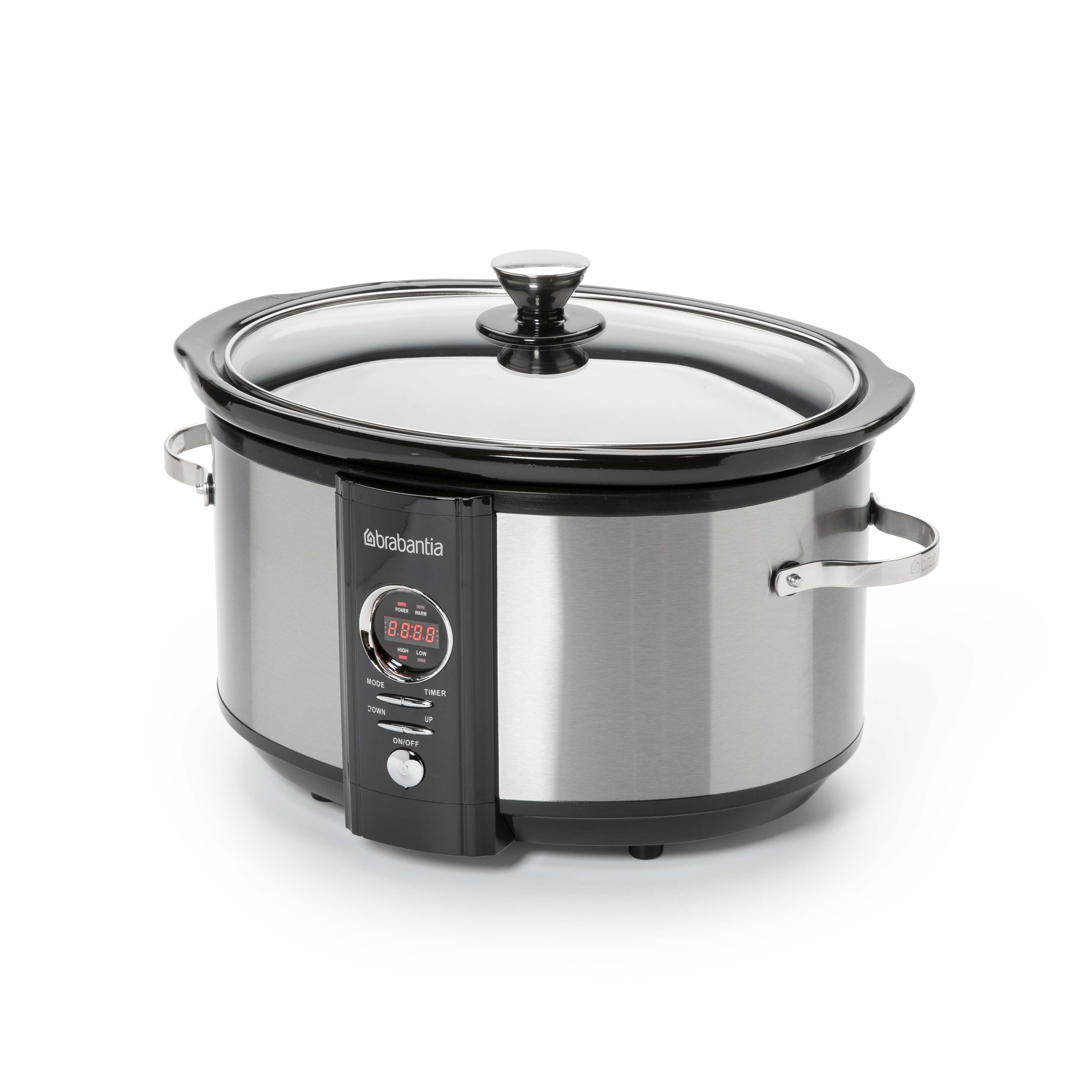 Stainless steel slow cooker with a glass lid and digital display. It has handles.