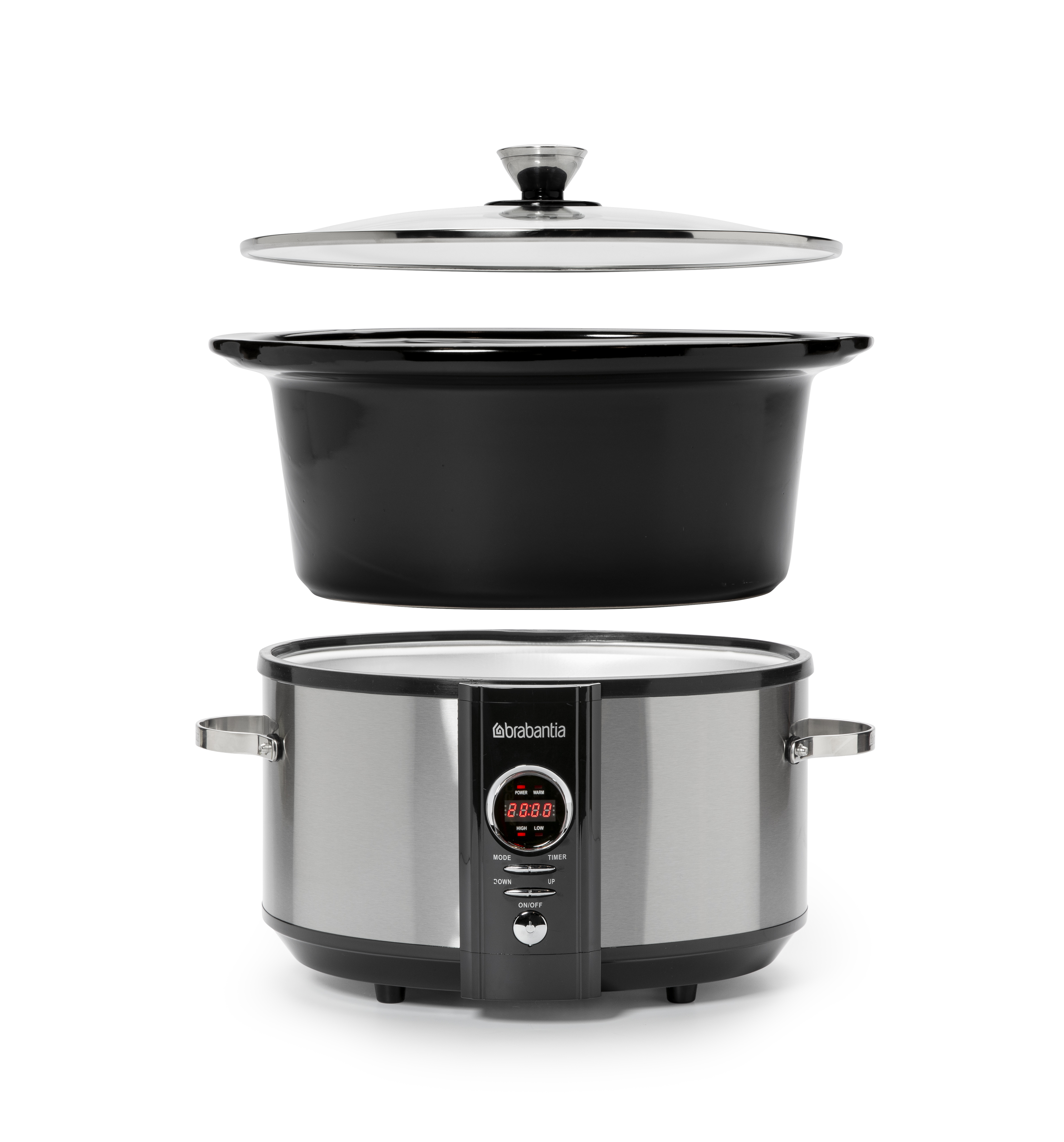 A stainless steel slow cooker with a black pot and lid.