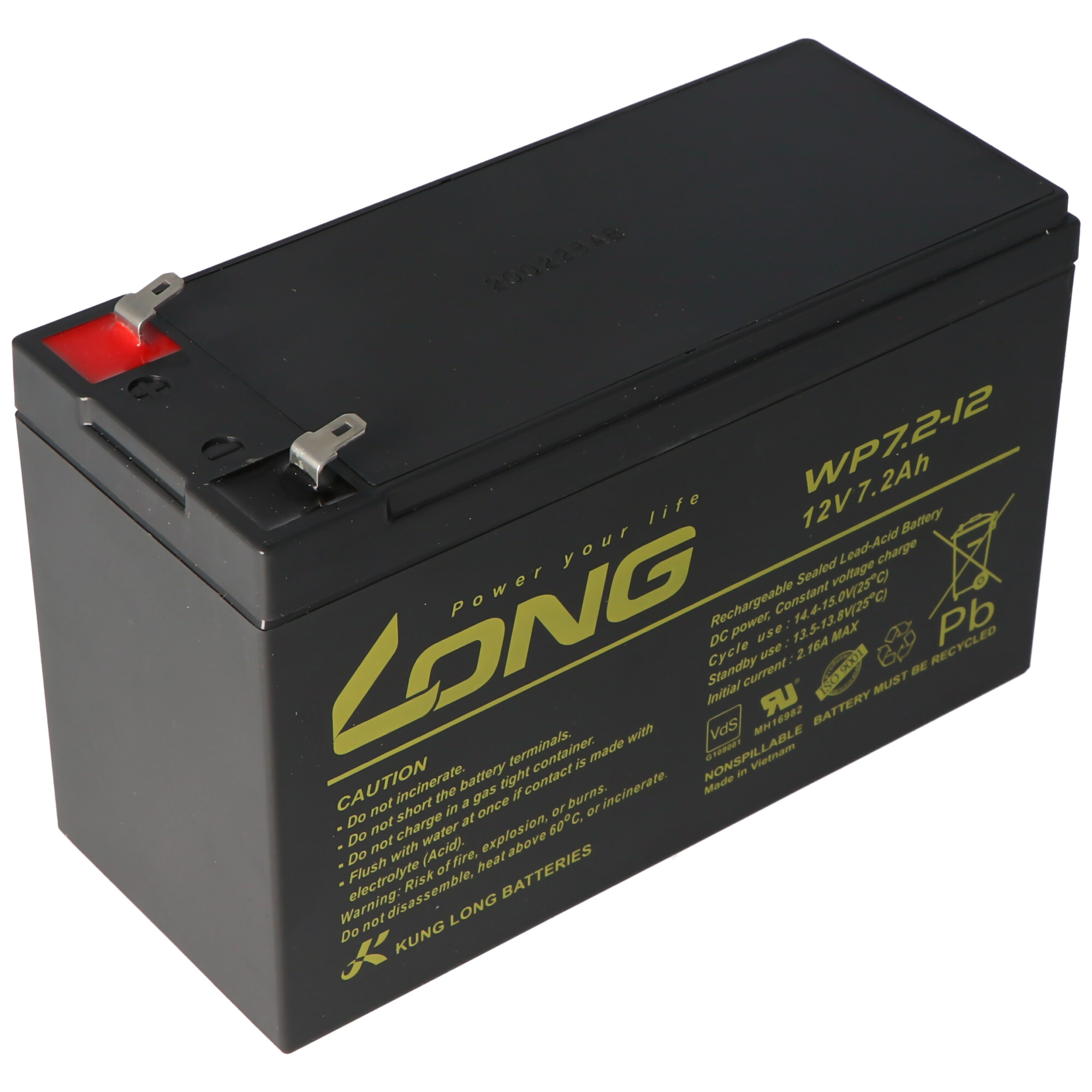 Eine schwarze Batterie mit gelbem Text. Sie trägt die Aufschriften "LONG" und "WP7.2-12 12V 7.2Ah".