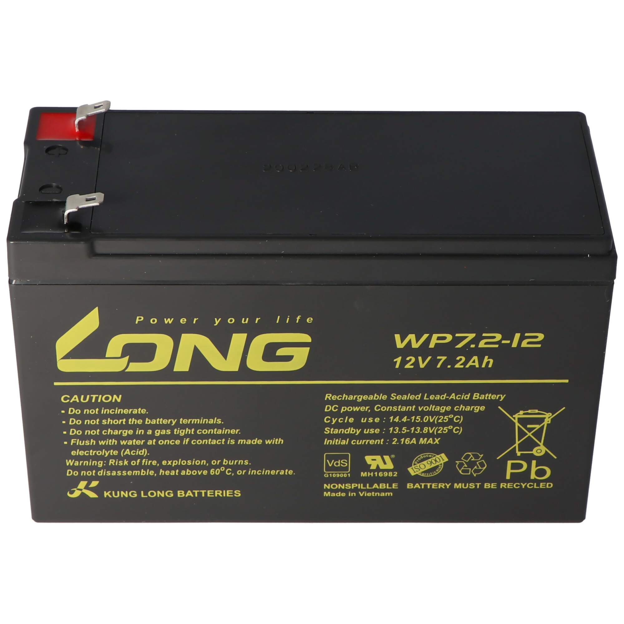 Schwarze rechteckige Batterie mit Text und Anschlüssen oben und weißem Hintergrund.