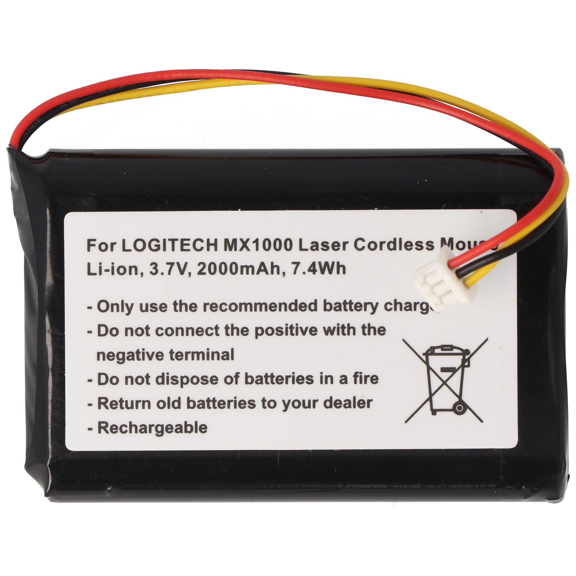 Eine schwarz-weiße Batterie mit Text. Es hat drei Drähte. Der Text besagt, dass es für Logitech ist.