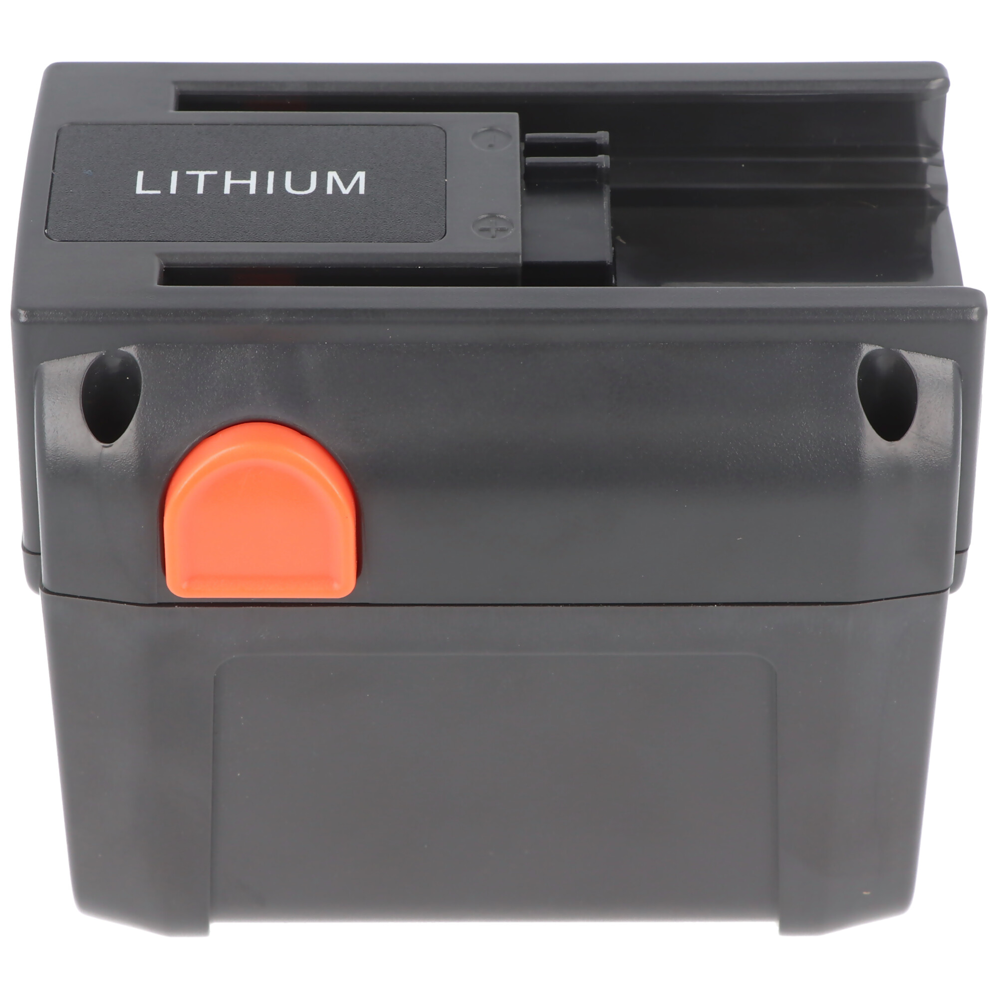 Graues Lithium-Akkupack. Oranger Knopf, Text 'LITHIUM'. Die Batterie ist dunkelgrau.