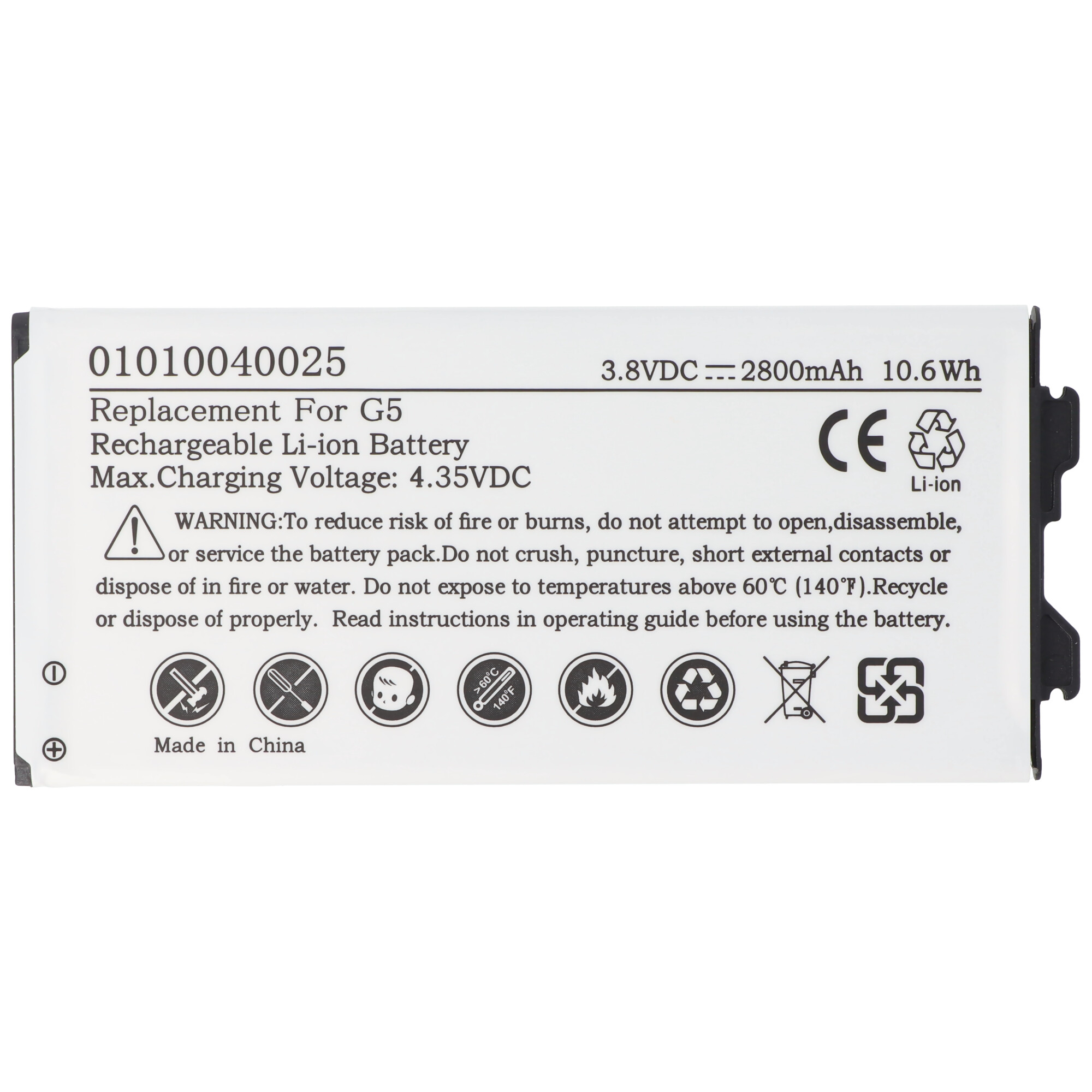 Ein weißes rechteckiges Batterieetikett mit Text und Symbolen. Sicherheitshinweise sind enthalten.