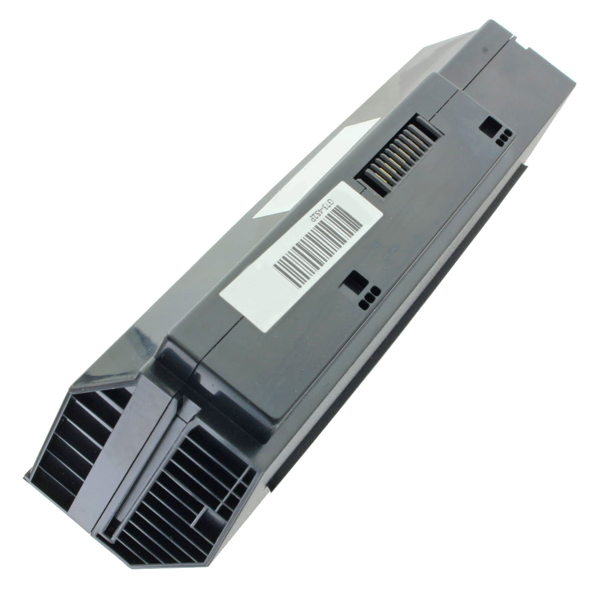 Black electronic device with a label on it, angled view, white background.