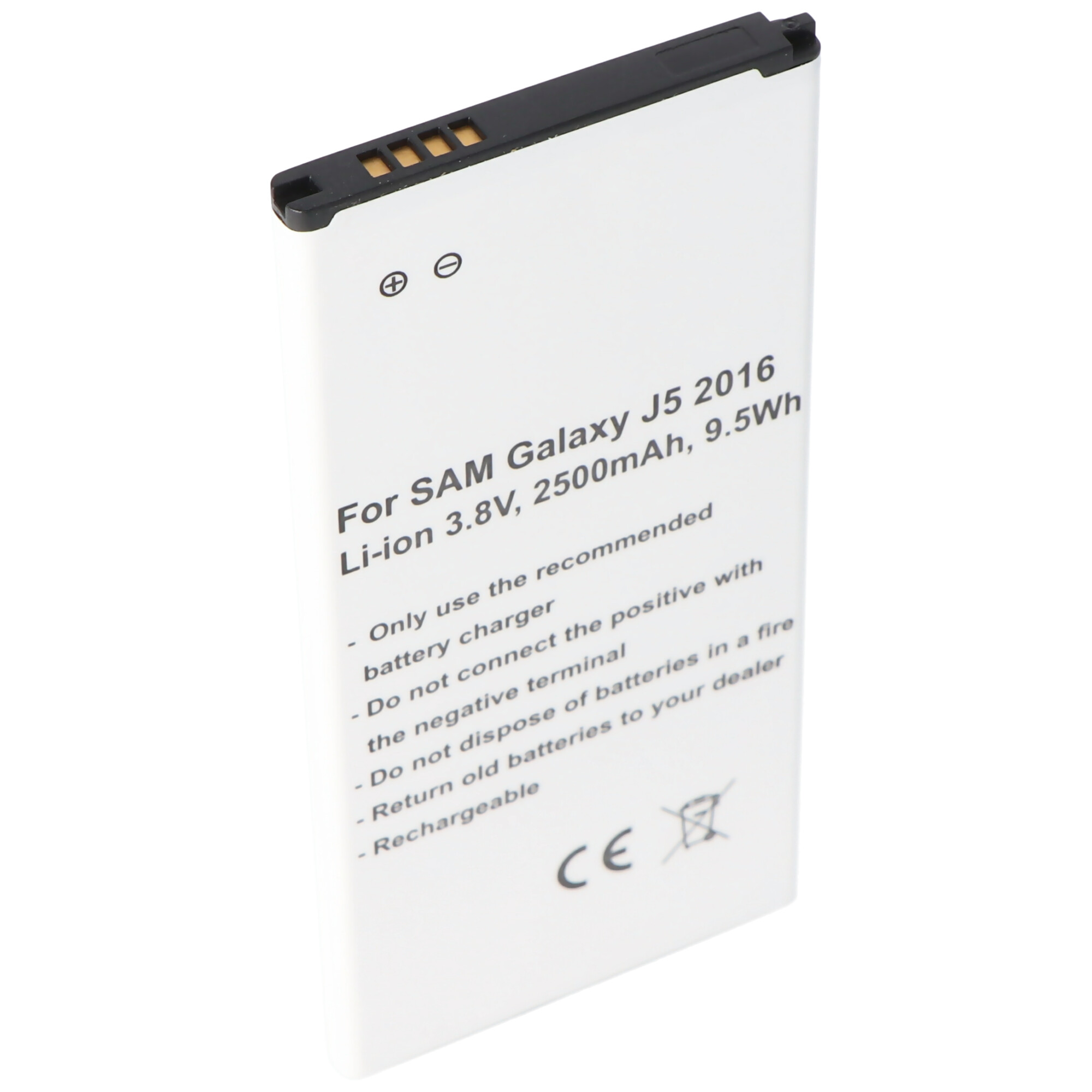 Weißer Telefonakku mit schwarzem Oberteil und Text. Der Text enthält 'For SAM Galaxy J5 2016' und Warnungen.