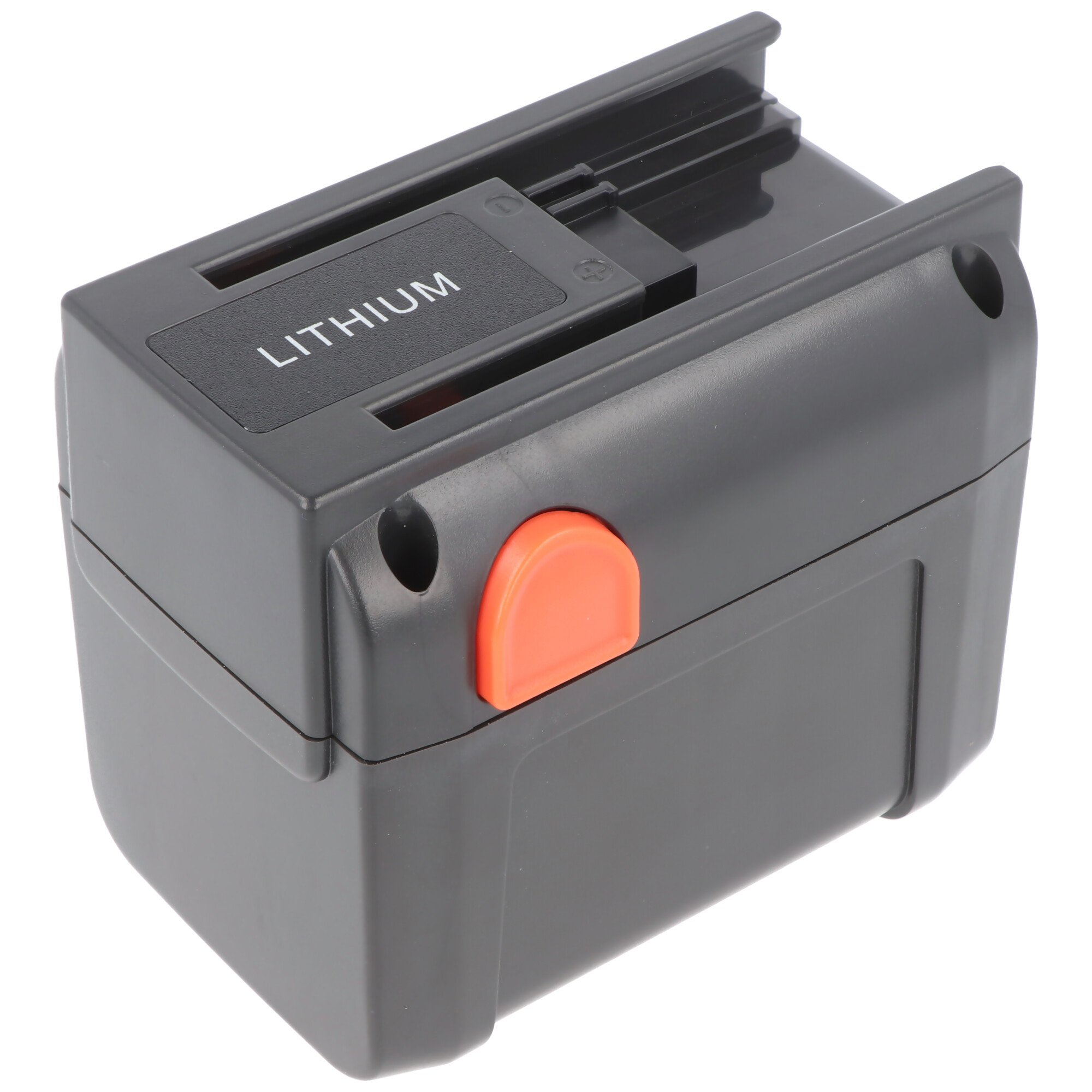 Ein grauer Lithium-Akku mit schwarzem Deckel. Er hat einen orangefarbenen Knopf und das Wort LITHIUM ist sichtbar.
