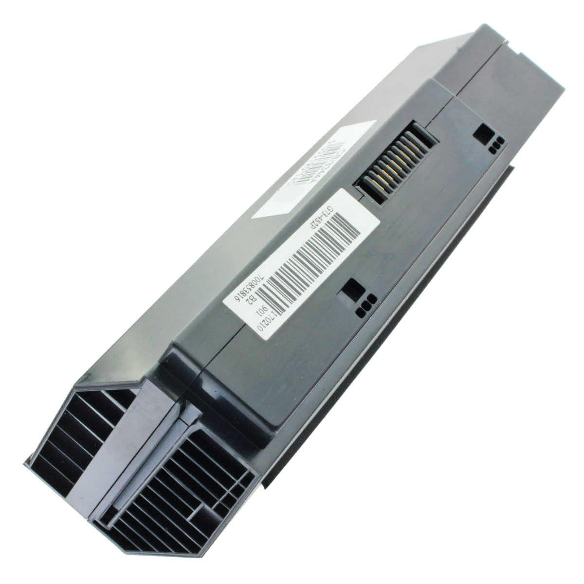 Black rectangular electronic device, possibly a battery, with barcode label.