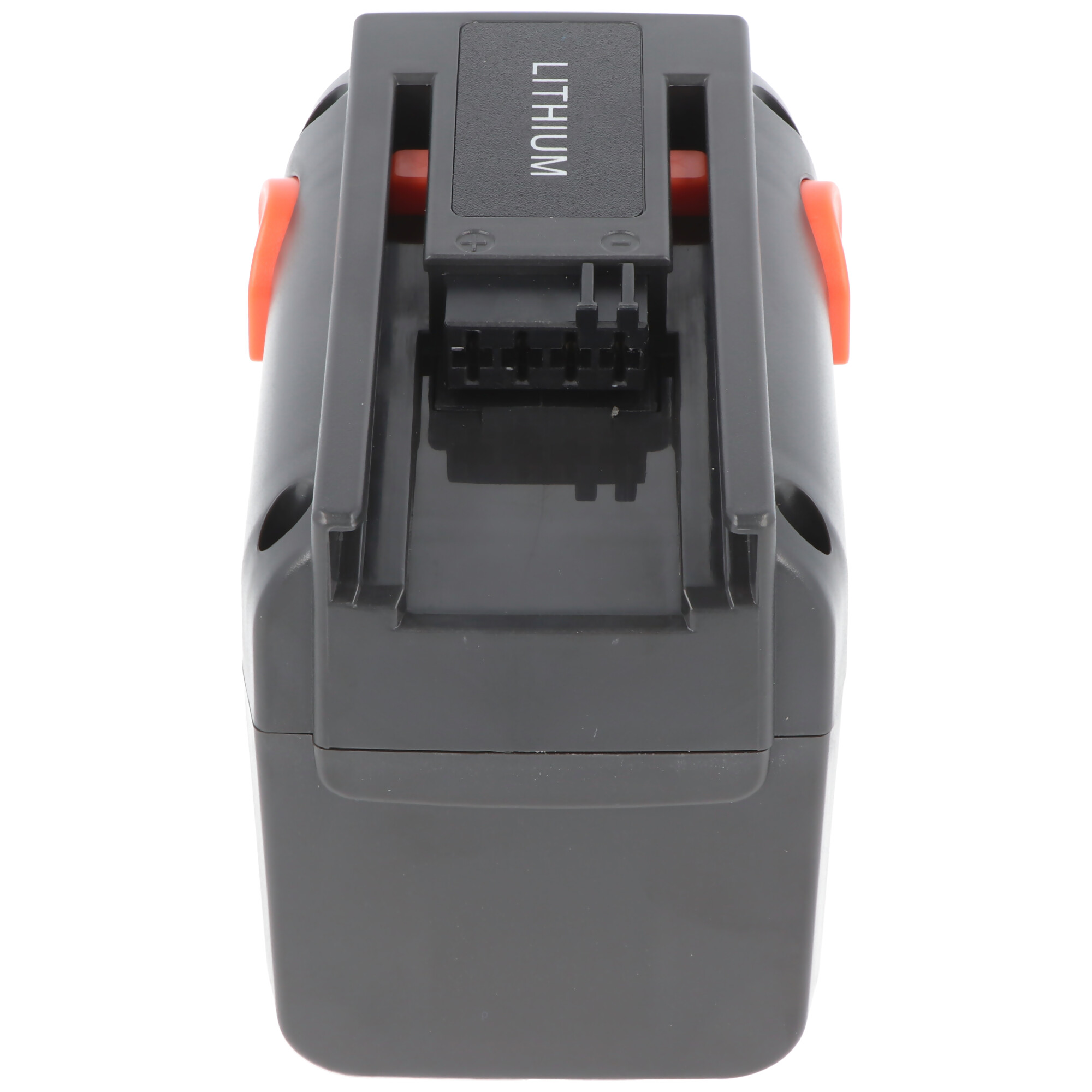Eine dunkelgraue Batterie mit orangefarbenen Akzenten. Oben steht "LITHIUM" in Weiß.