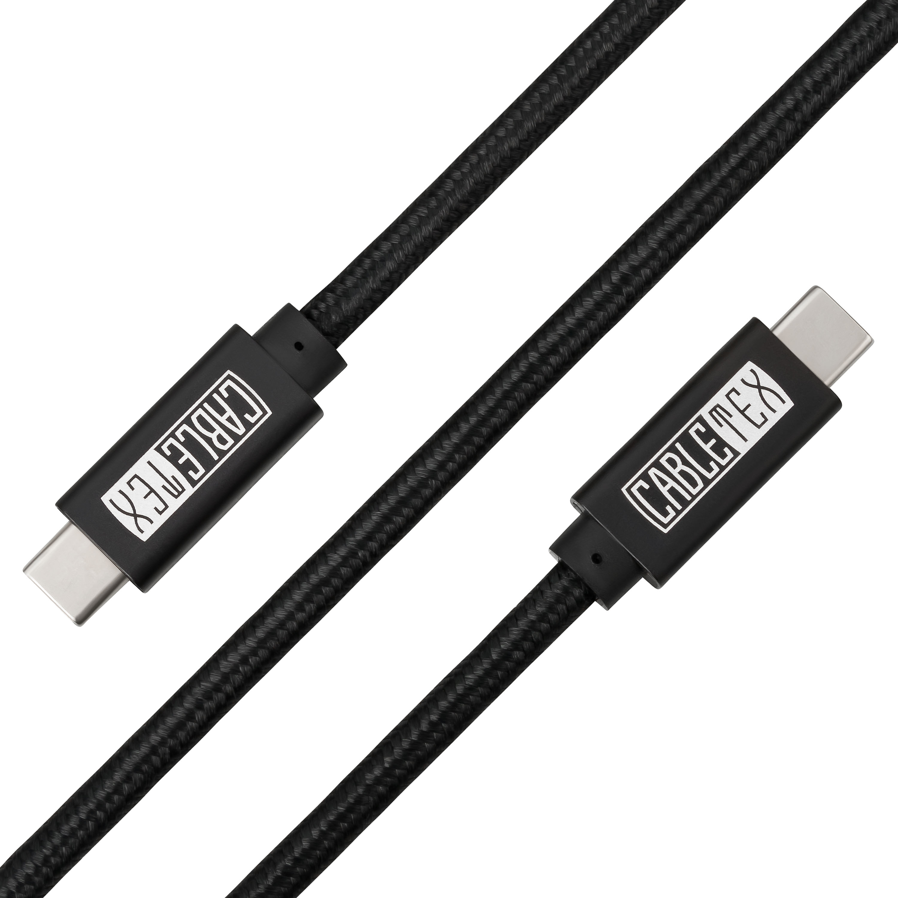 Schwarze geflochtene USB-C-Kabel mit CableTex-Logo. Anschlüsse sind silberfarben. Weißer Hintergrund.
