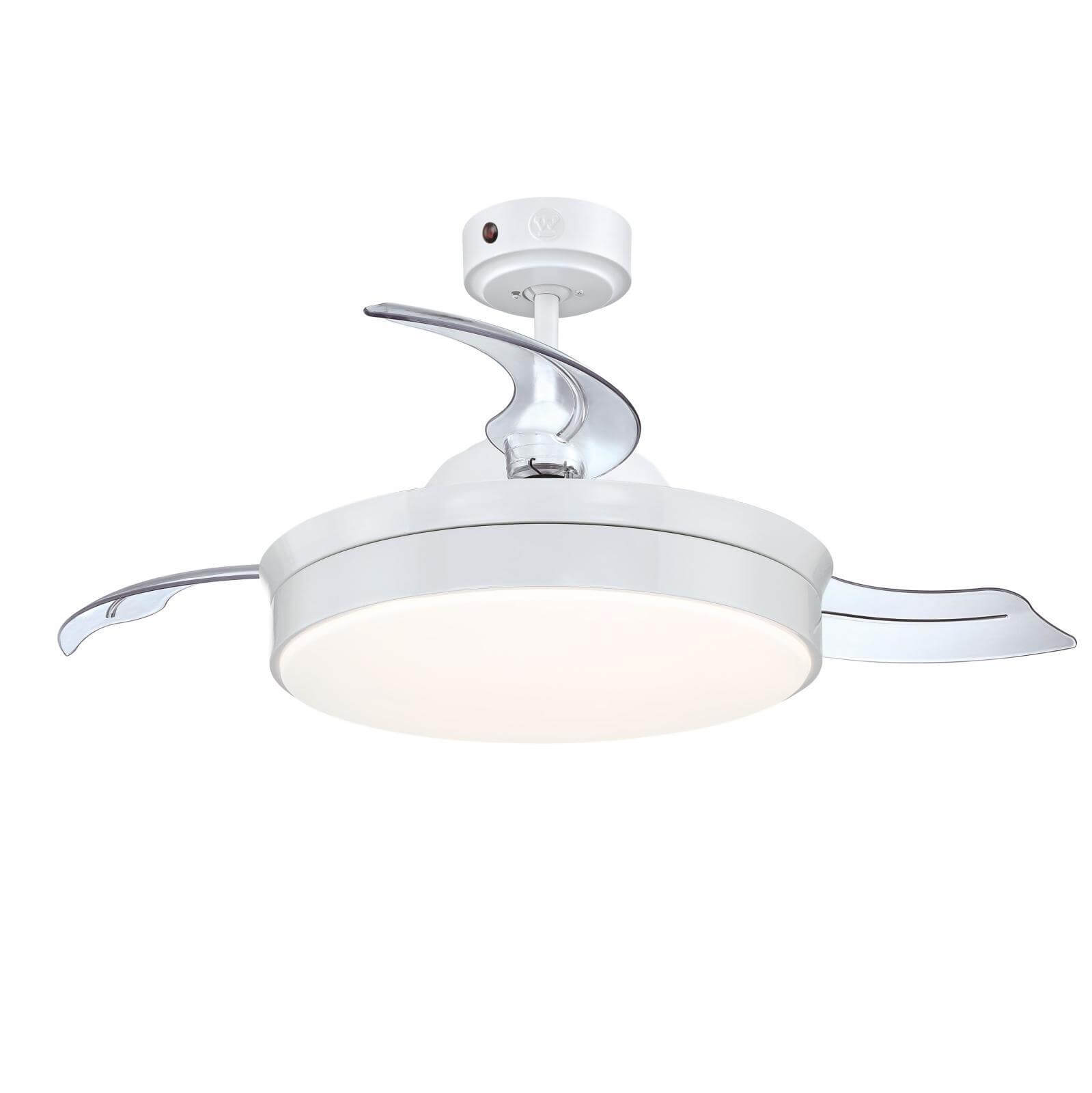 Weißer Deckenventilator mit zentralem Licht, zwei gebogenen Flügeln und weißer Deckenhalterung.
