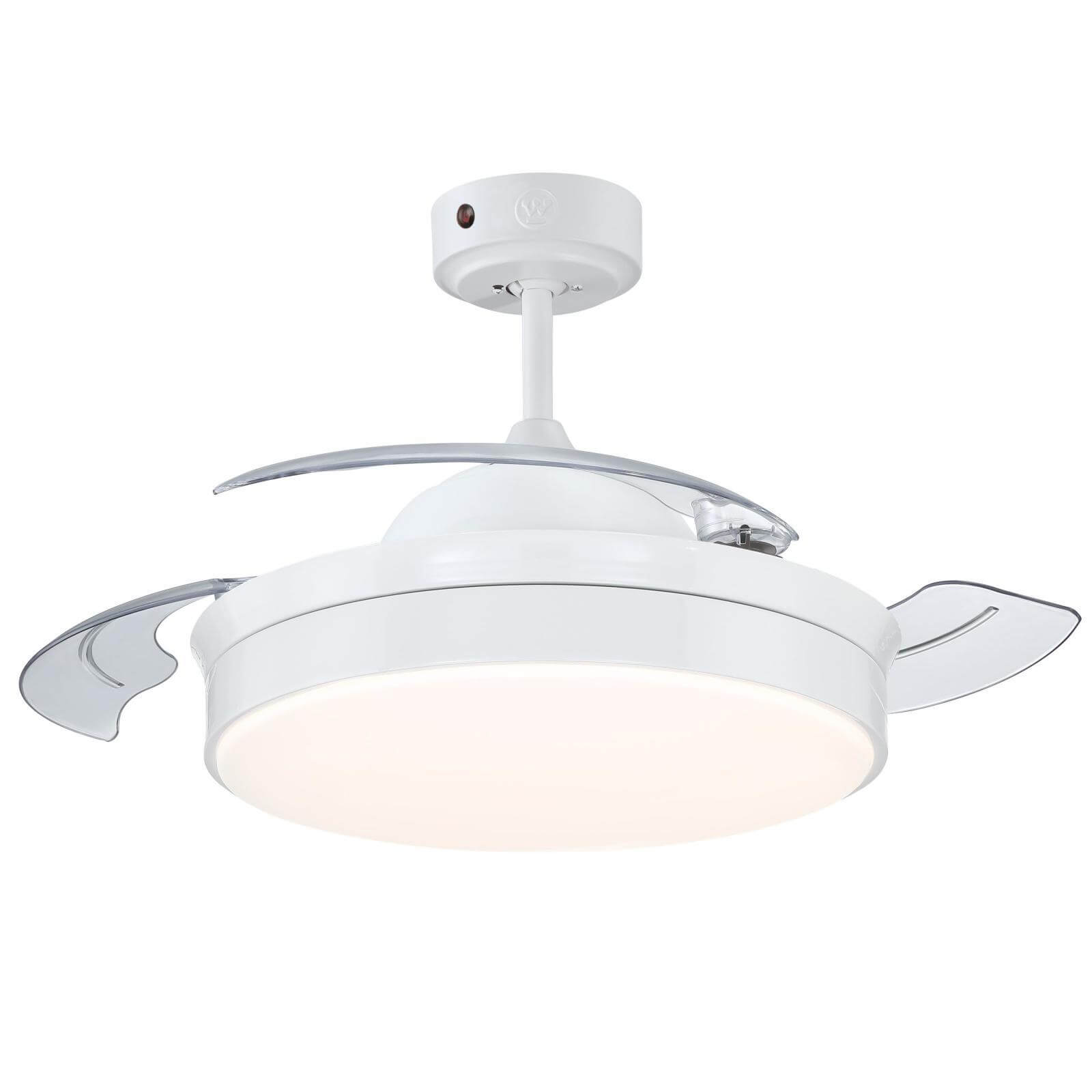 Weißer Deckenventilator mit Flügeln und LED-Licht auf weißem Hintergrund.