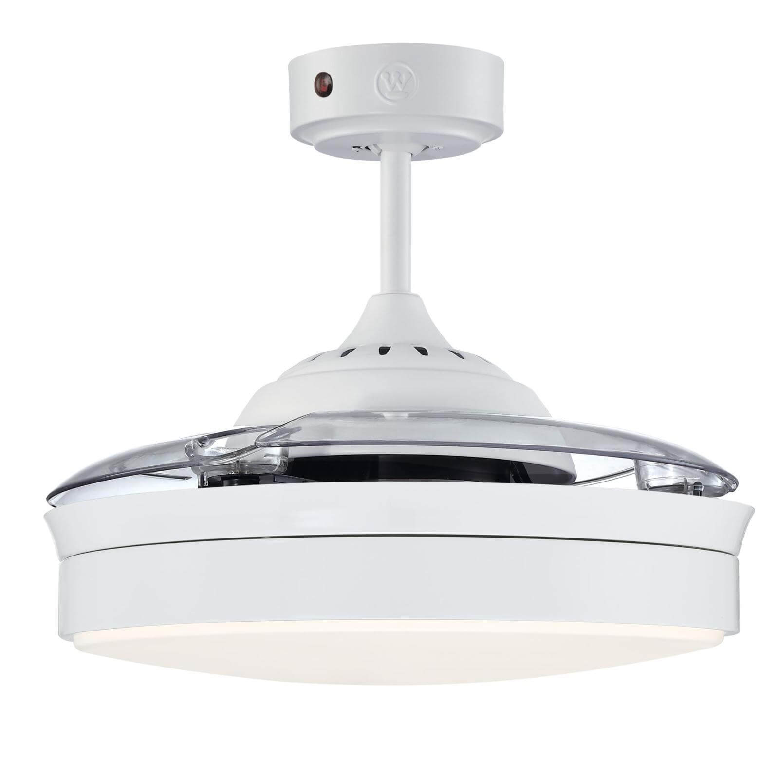 Weißer Deckenventilator mit Licht. Der Ventilator ist kreisförmig mit transparenten Flügeln und weißem Sockel.