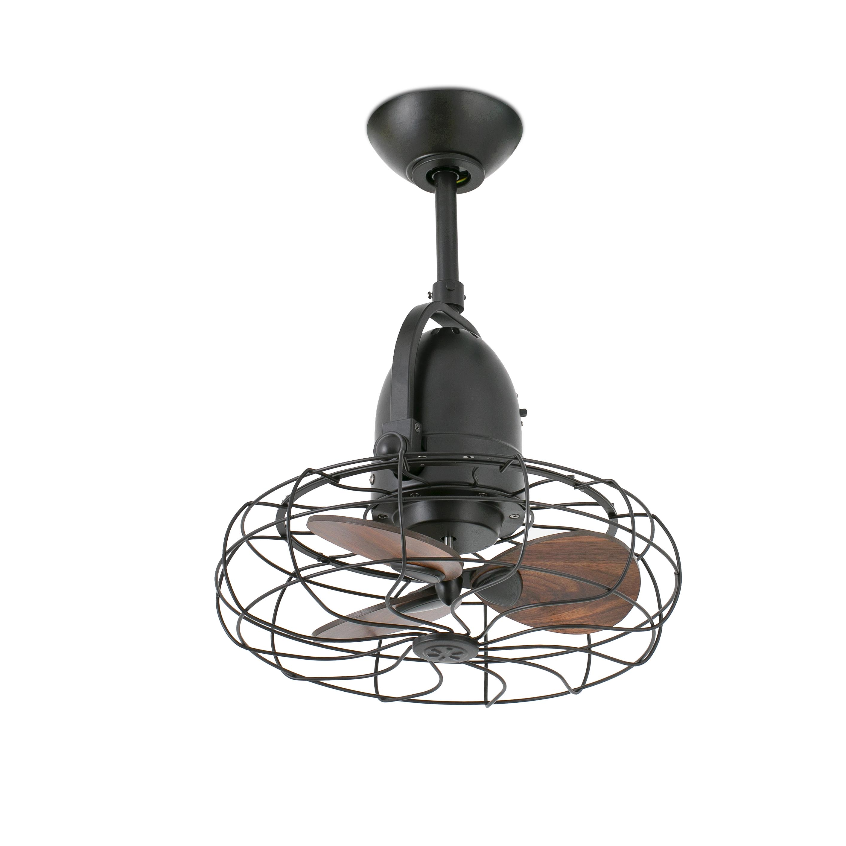Ventilatore da soffitto nero con pale in legno e gabbia metallica, isolato su bianco.