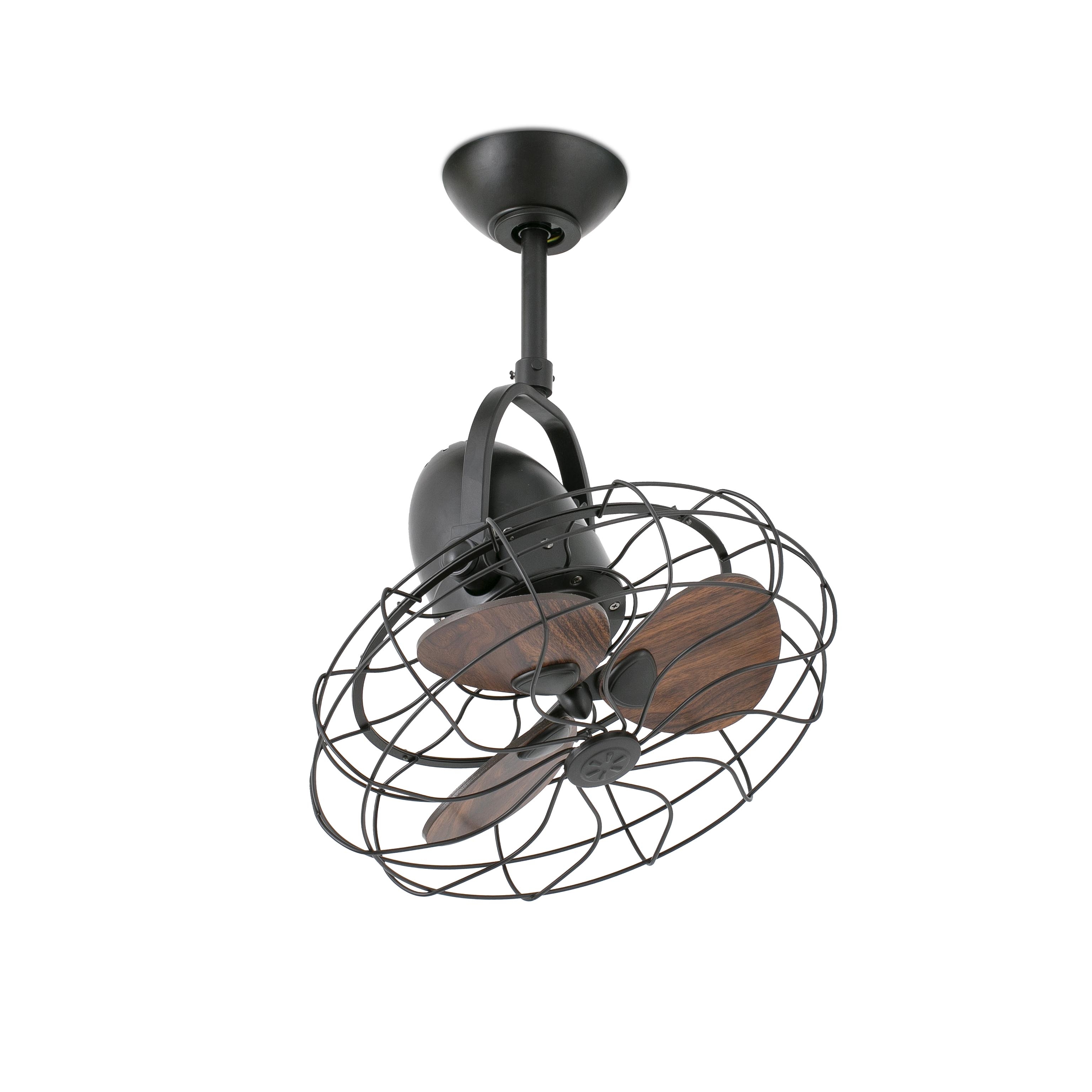 Ventilatore da soffitto nero con gabbia. Pale in legno. Motore nero. Sfondo bianco.