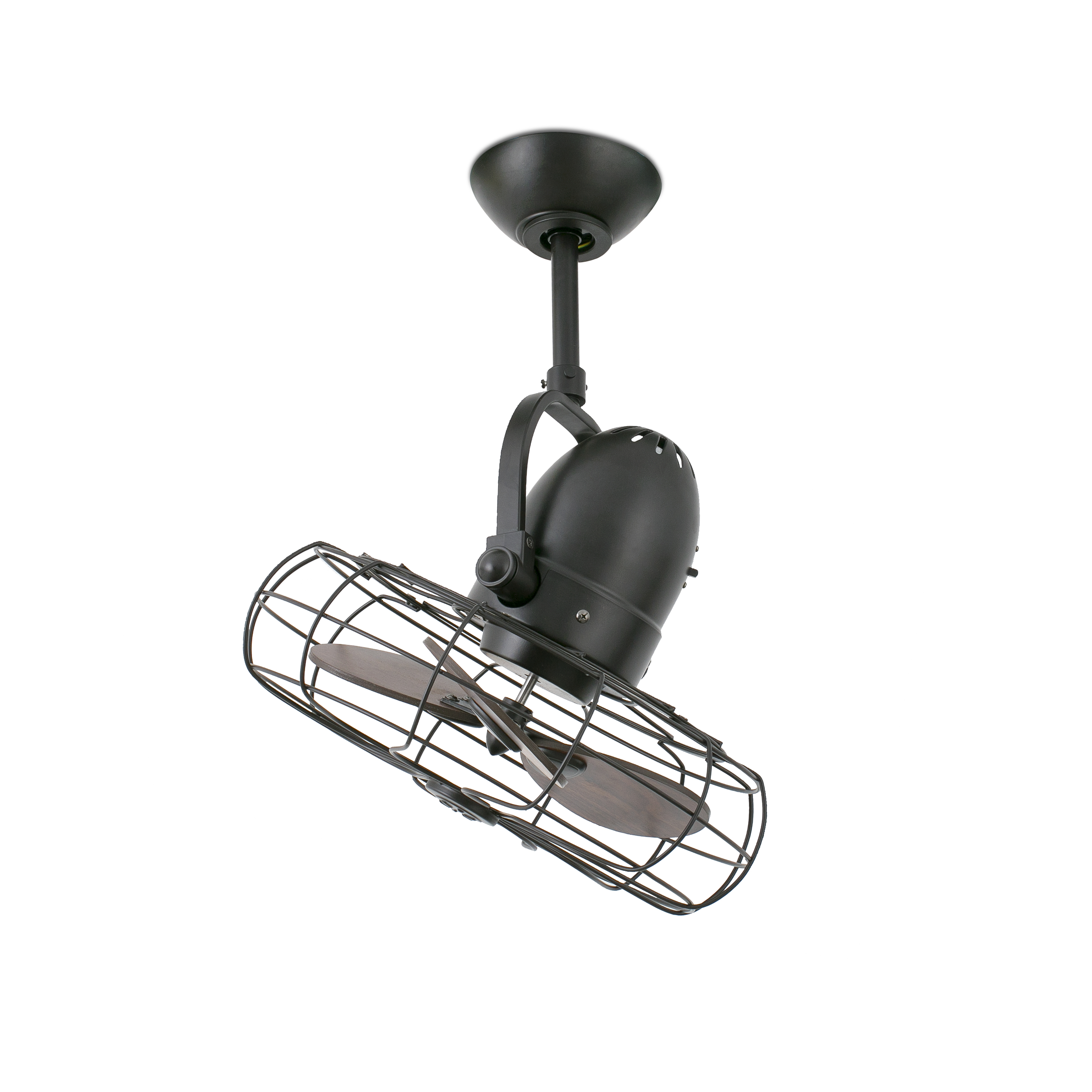 Ventilatore da soffitto retrò nero con gabbia. Le pale del ventilatore sono marroni. È montato su un soffitto bianco.