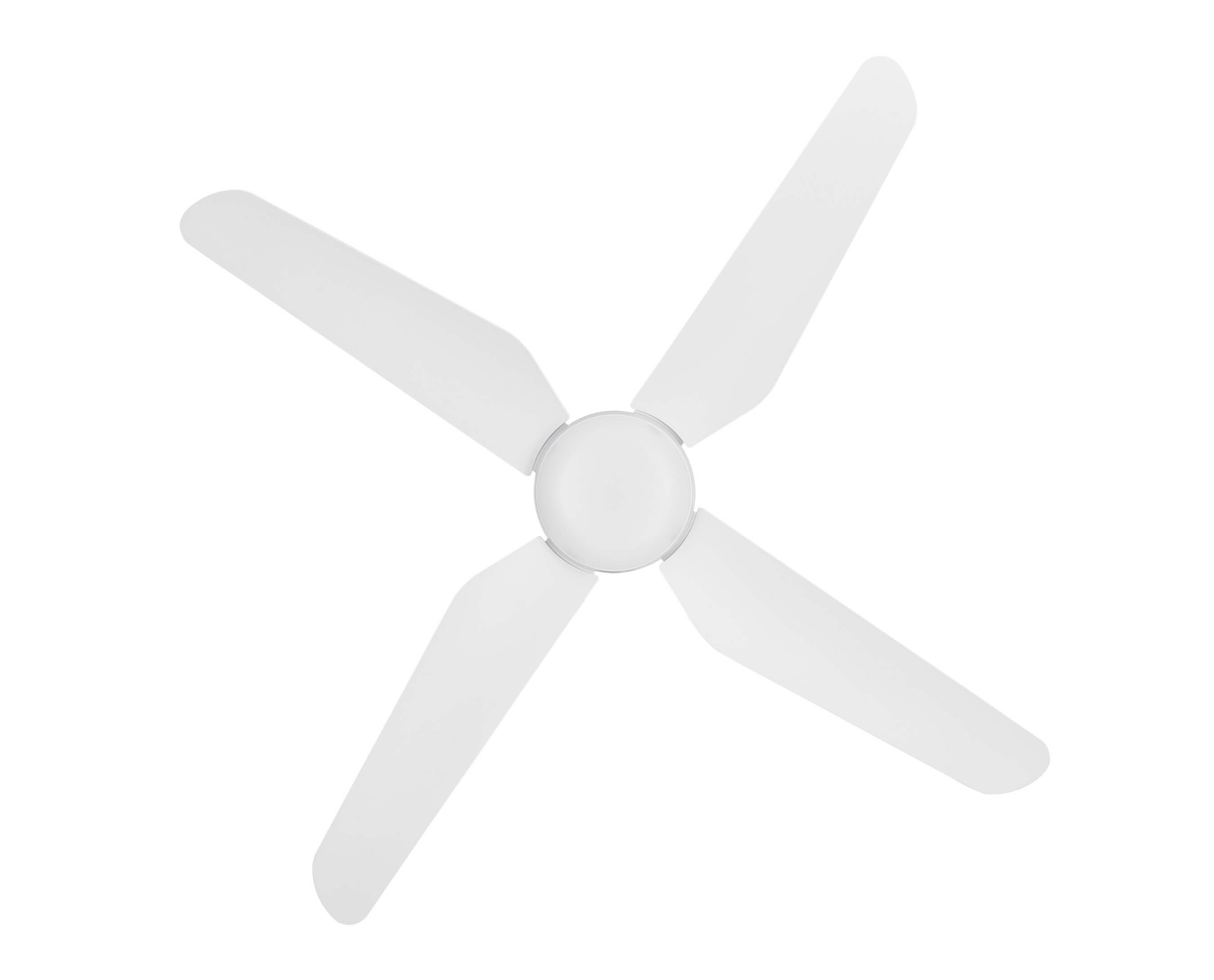 Ein weißer Deckenventilator mit vier Flügeln auf weißem Hintergrund.