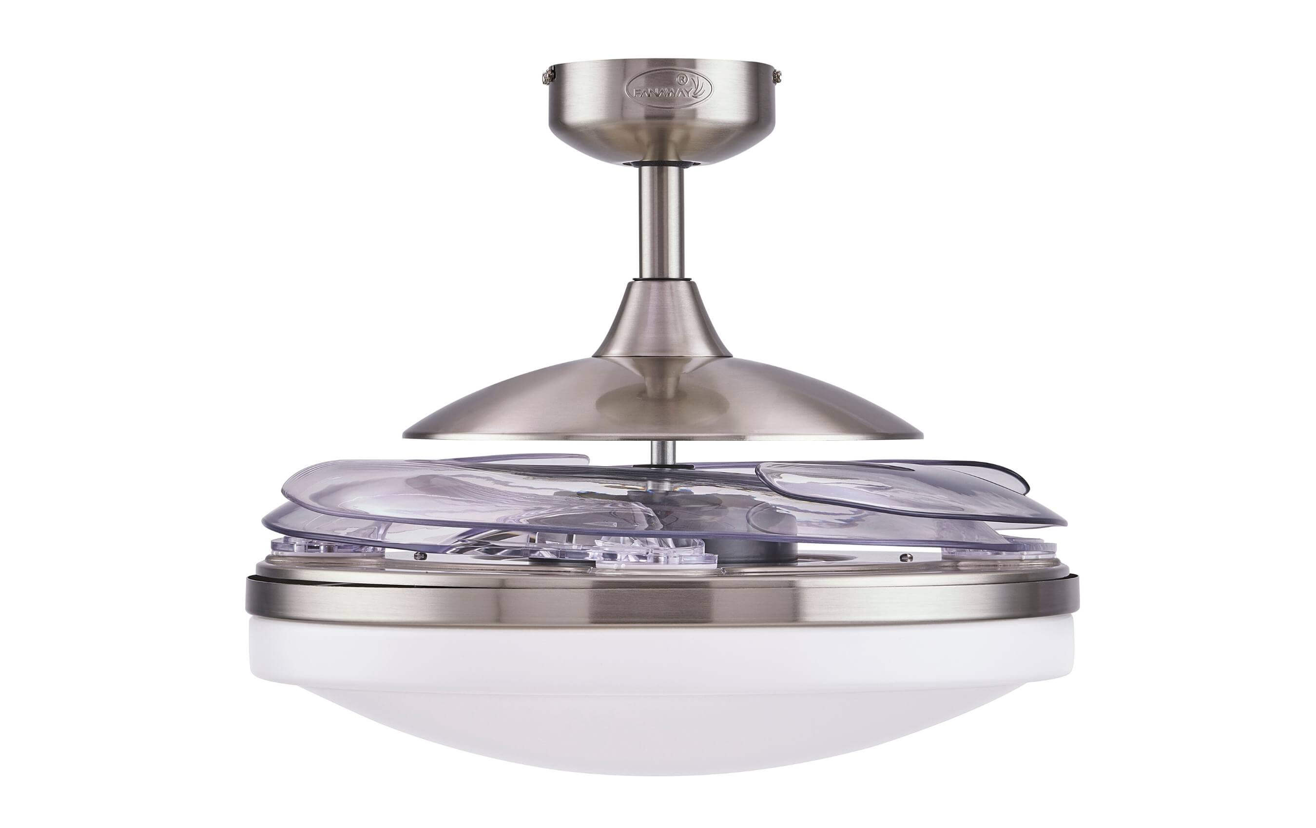 Silberner Deckenventilator mit transparenten Flügeln und einem weißen Licht.