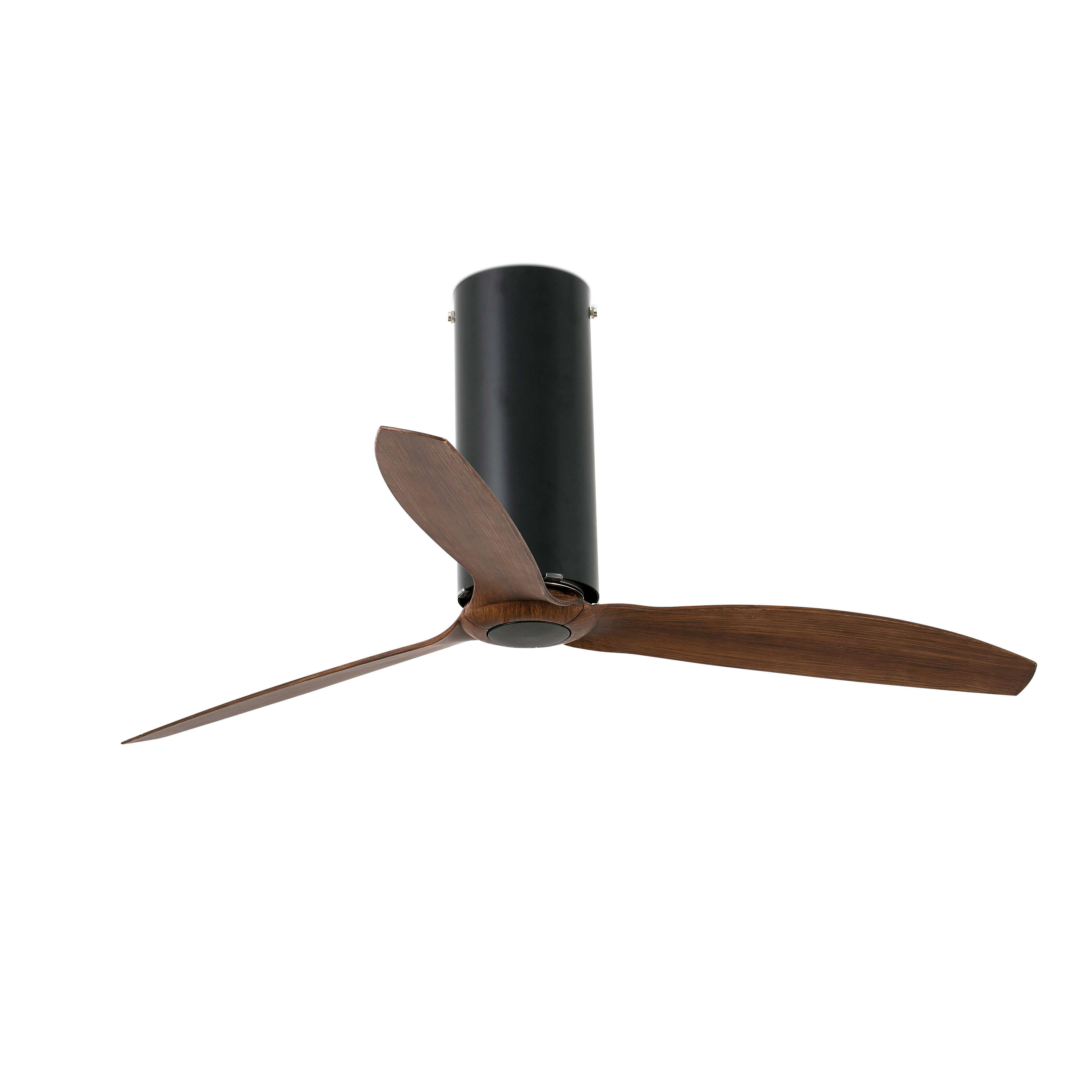 Deckenventilator mit drei Holzblättern und einem schwarzen Motorgehäuse, vor weißem Hintergrund.