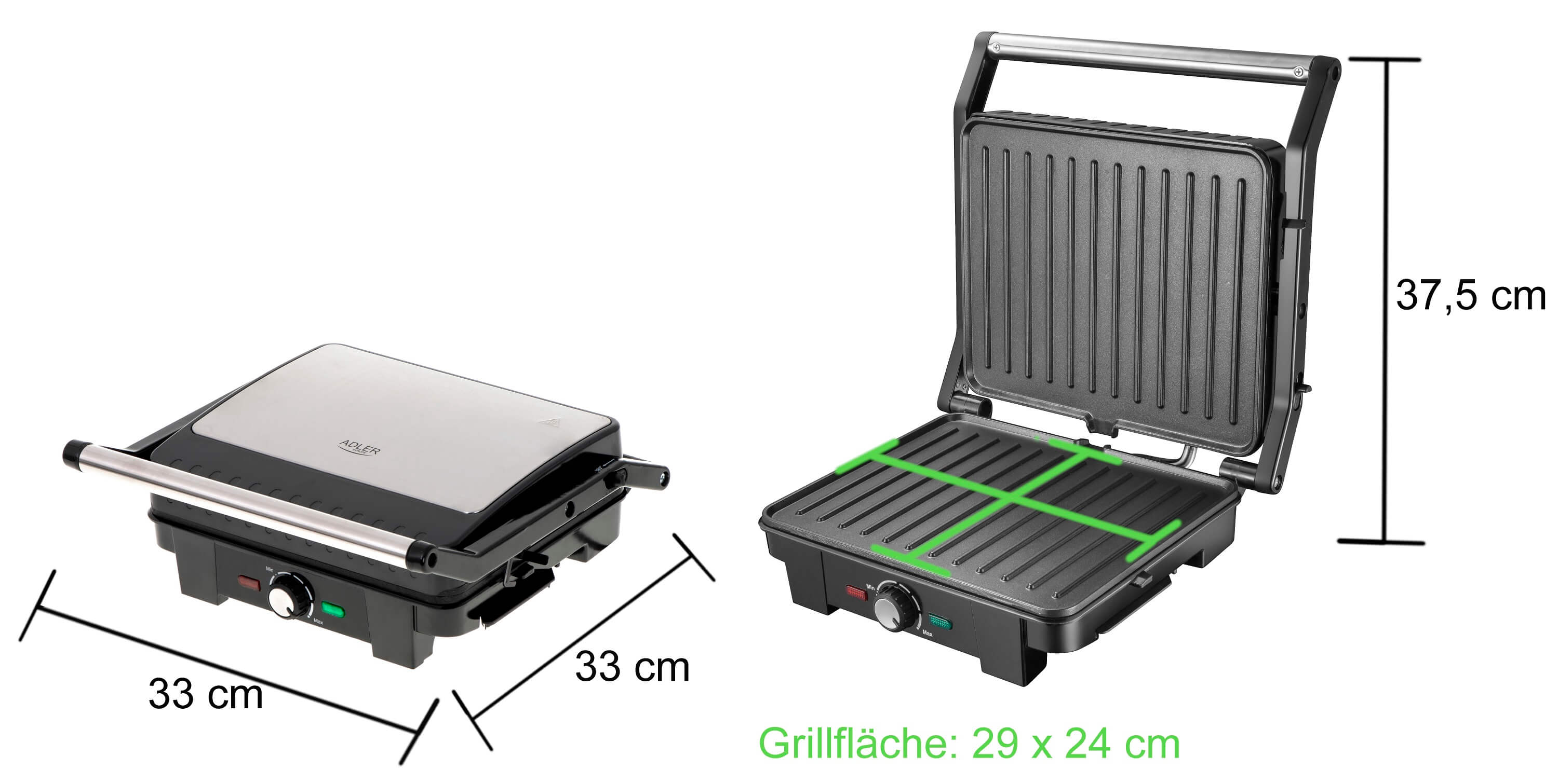 Grill, zamknięty i otwarty, z wymiarami. Zielony tekst etykietuje rozmiar powierzchni grillowania.