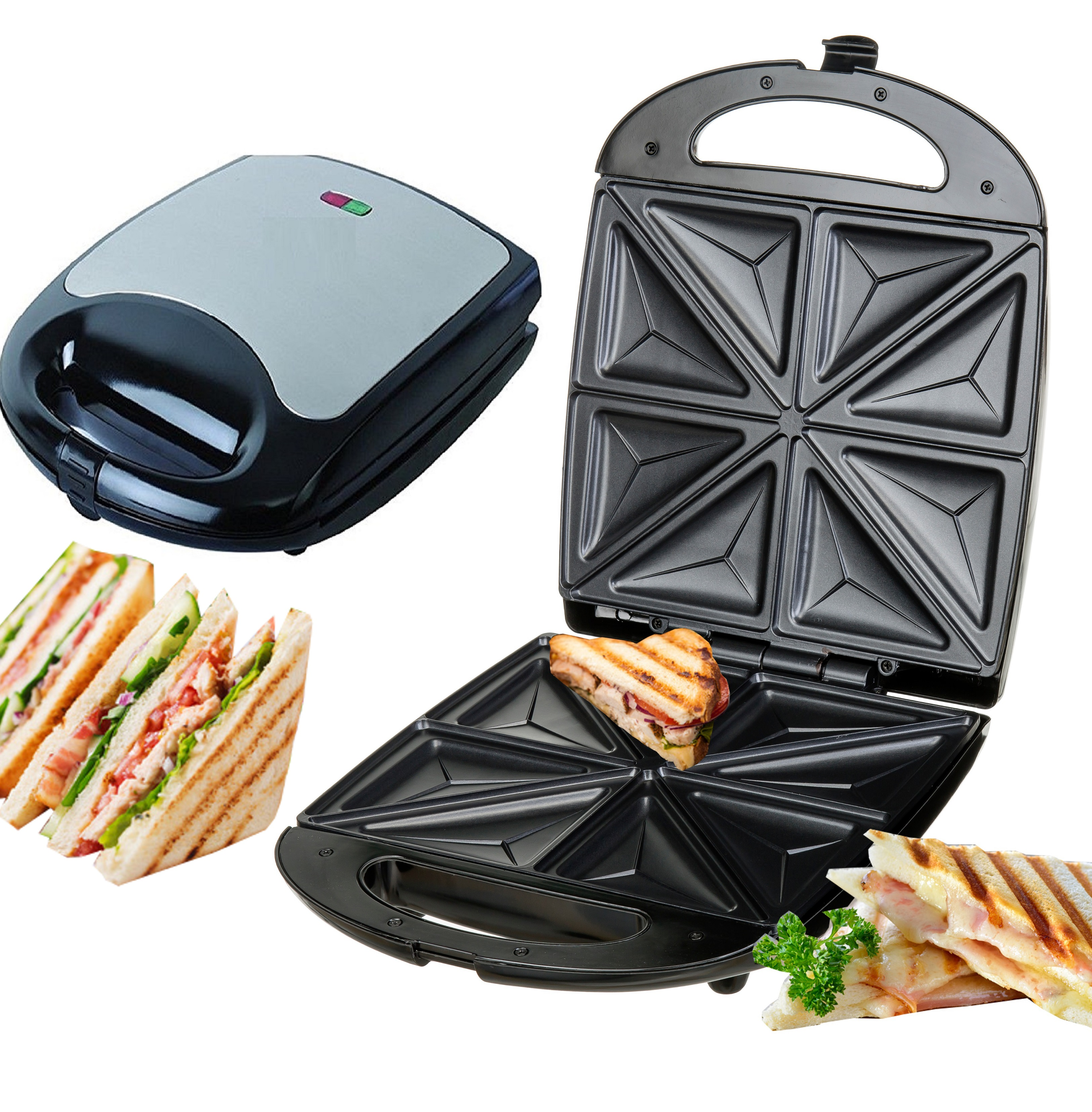 A sandwich maker open, showing a sandwich and sandwiches cut into triangles.