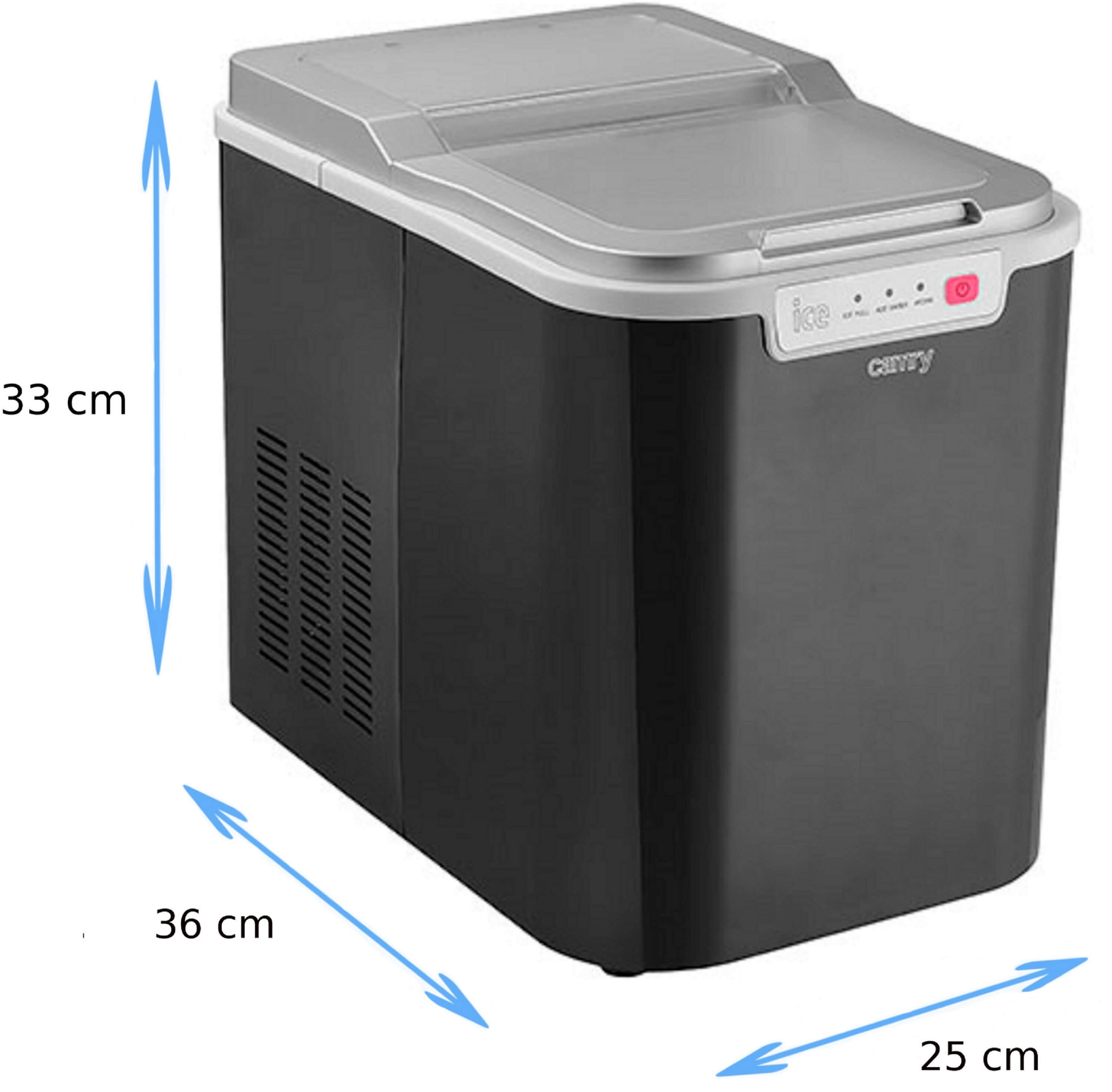 Czarna i szara kostkarka do lodu o wymiarach 33x36x25 cm. Posiada pokrywę, panel sterowania i wentylację boczną.