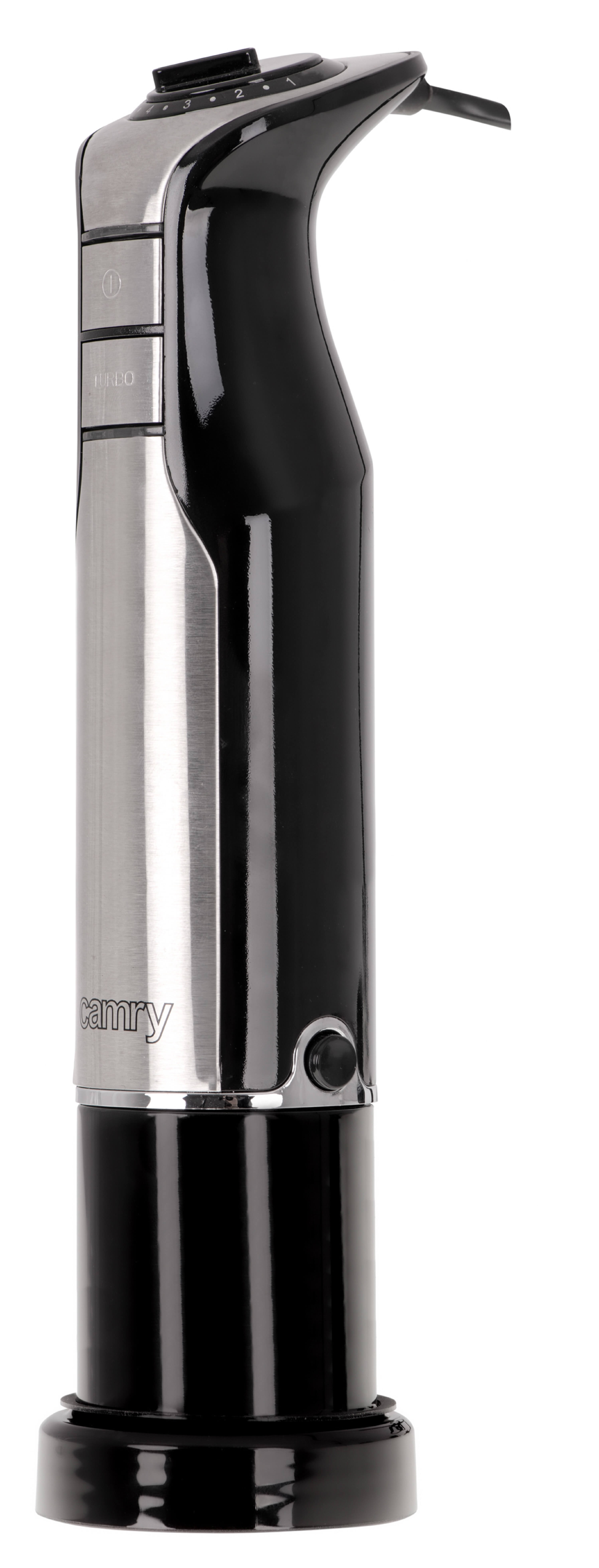 Czarny i srebrny blender ręczny z ustawieniami: 0, 1, 2 i turbo. Marka to Camry.