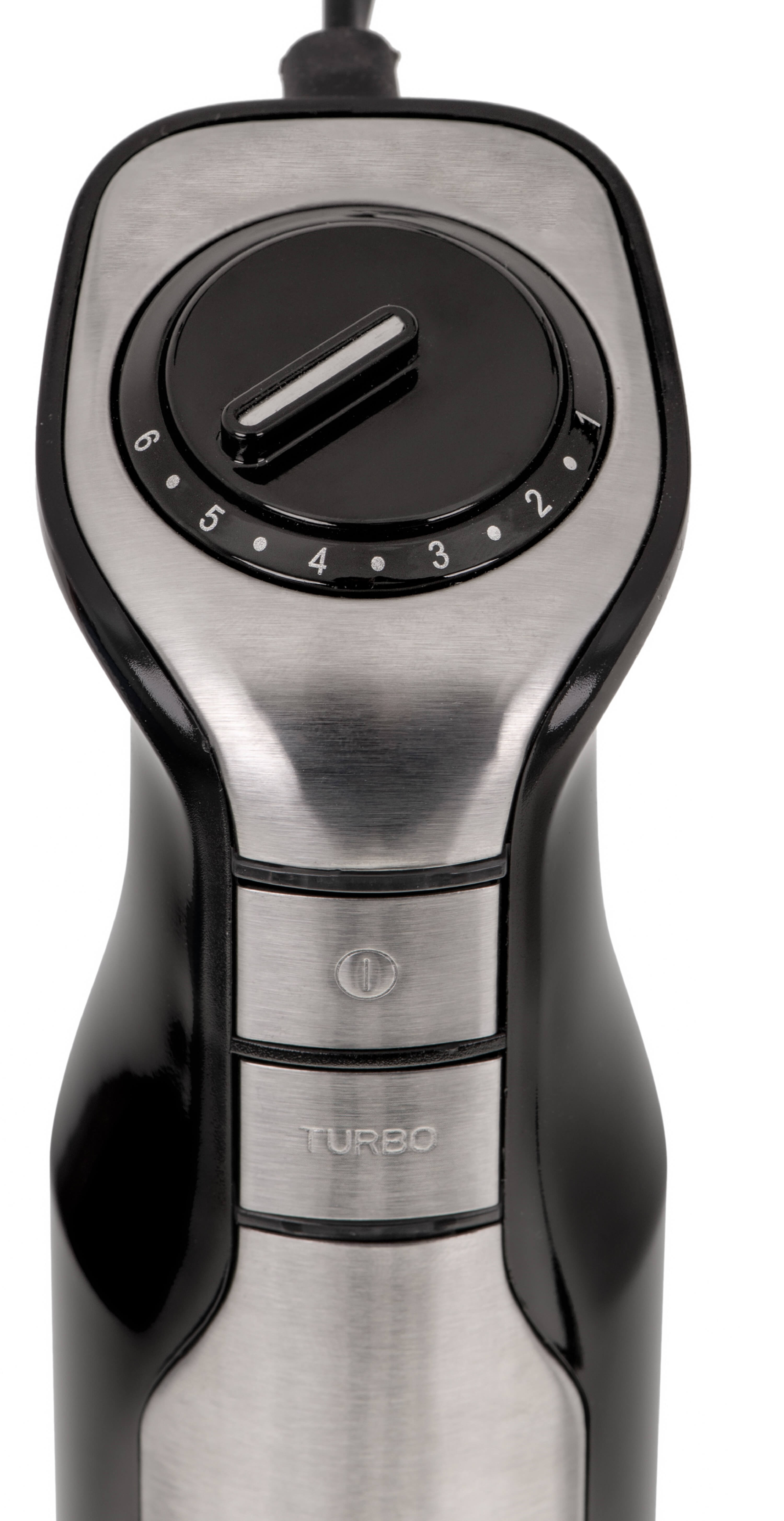 Czarny i srebrny blender z pokrętłem i przyciskami '1' i 'Turbo'.