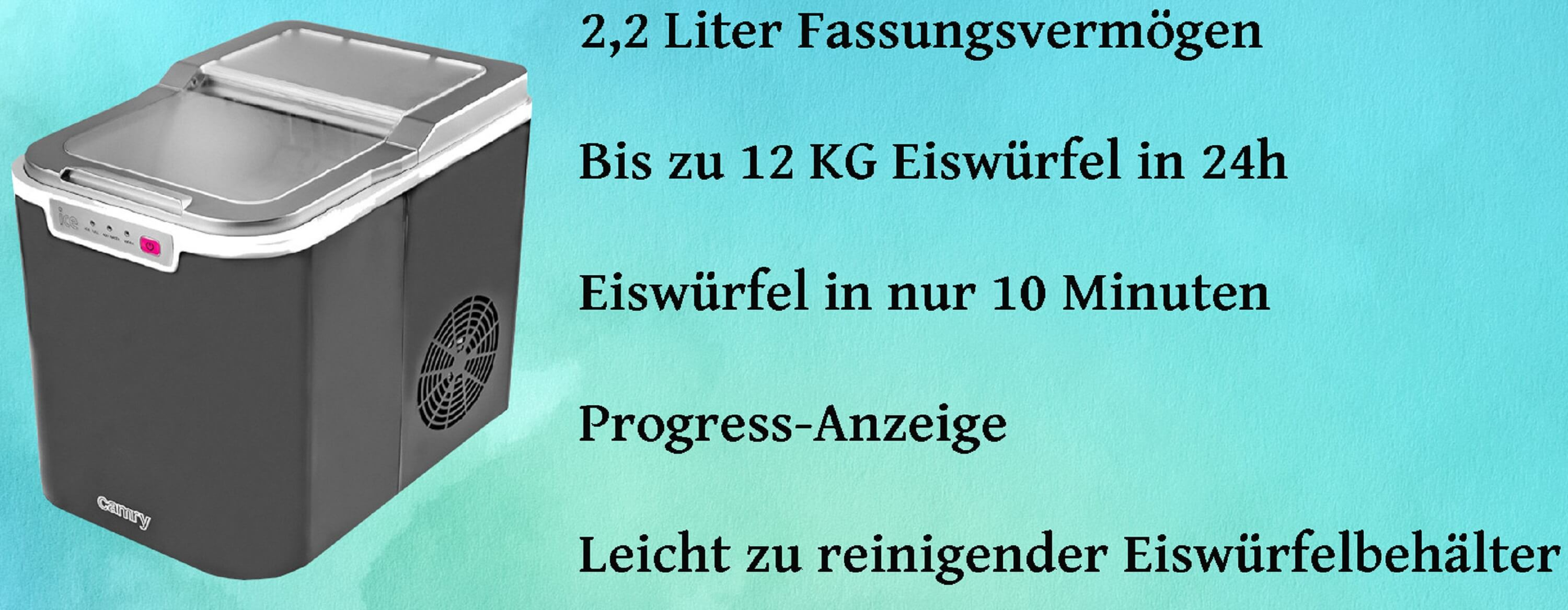 Czarno-srebrna kostkarka do lodu z tekstem: 2,2 litra, 12 kg lodu w 24h, lód w 10 min, wyświetlacz postępu.