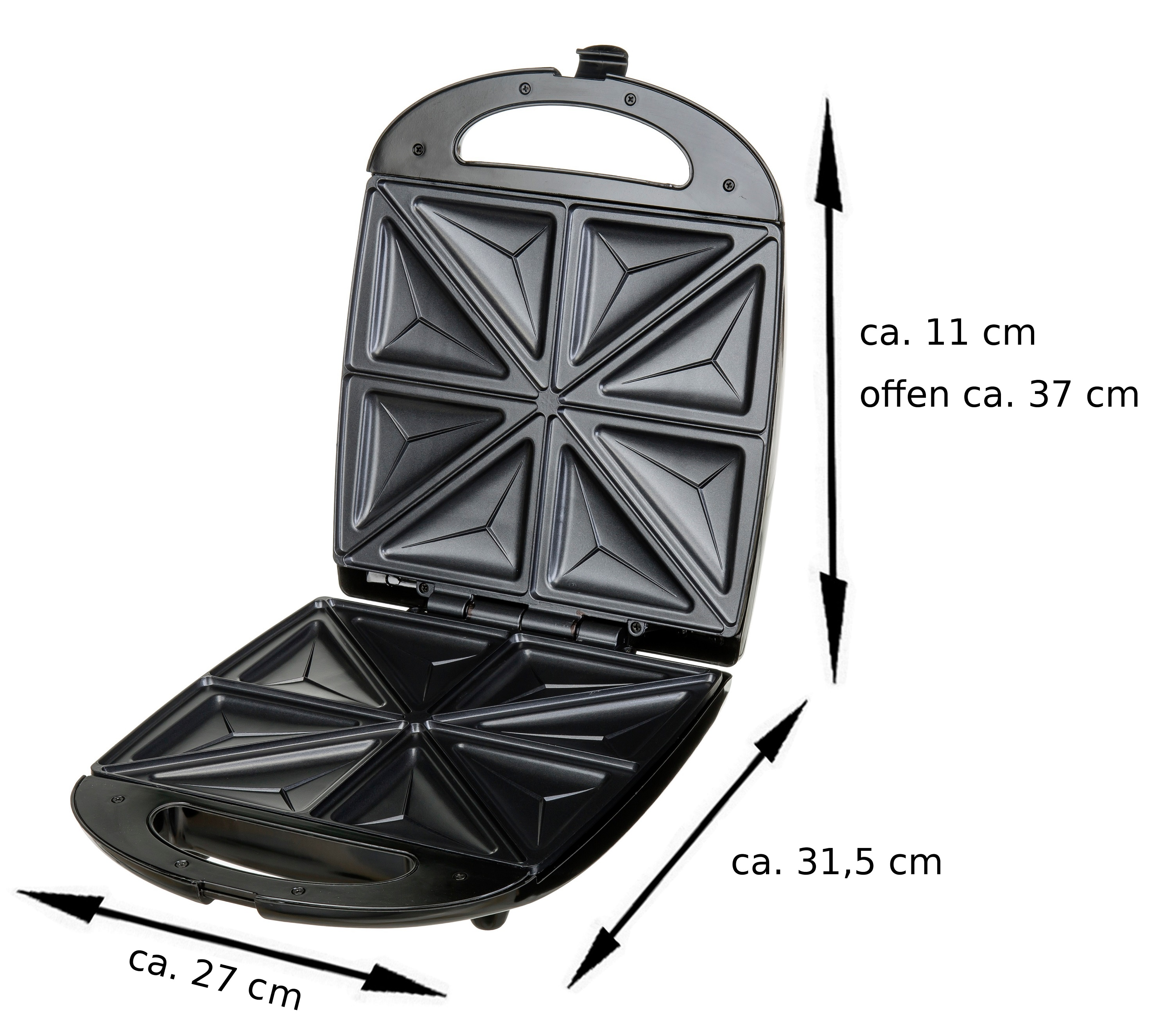 An open sandwich maker with dimensions indicated by arrows. The maker is black with triangle shaped molds.