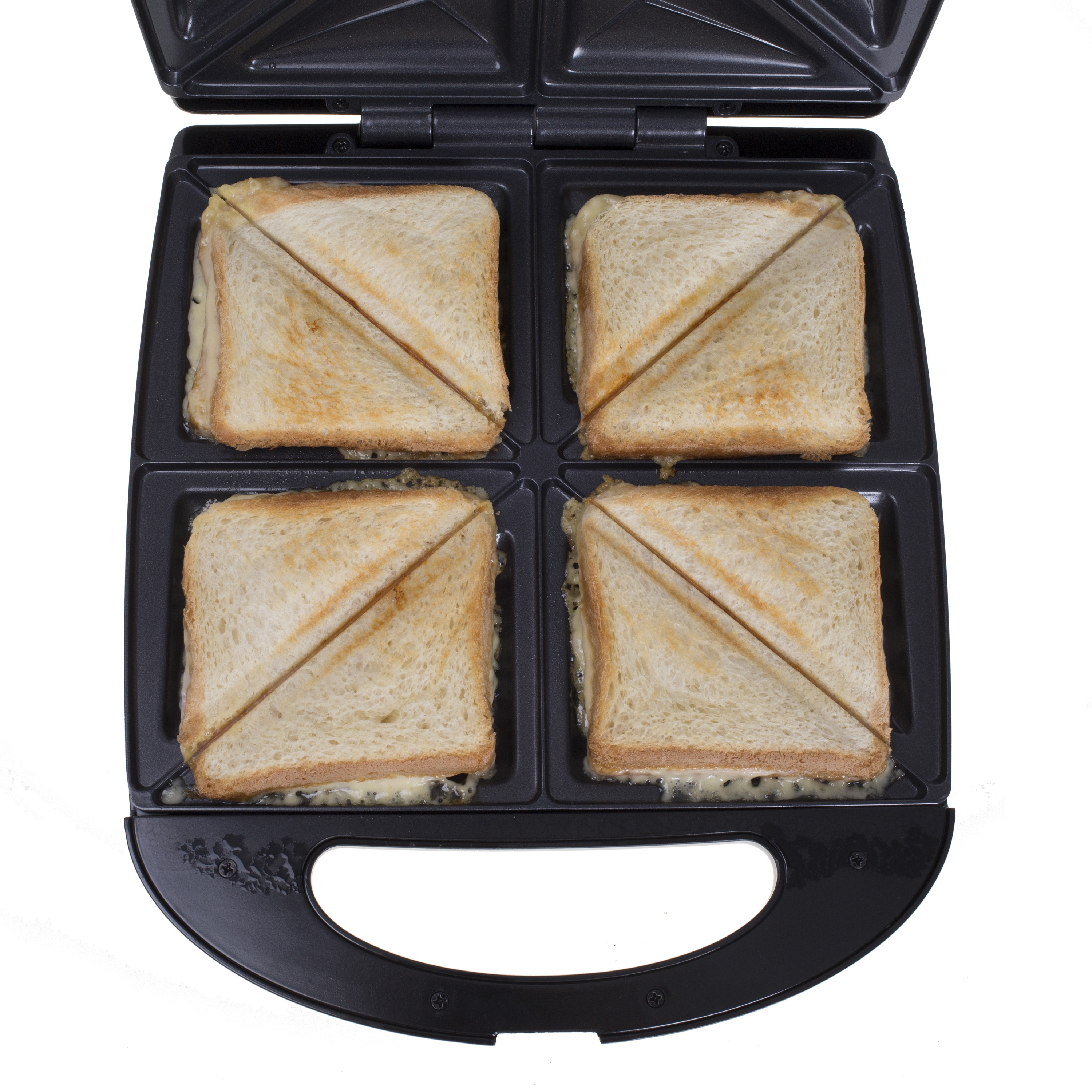 Sandwich maker with four toasted sandwiches inside, on a white background.
