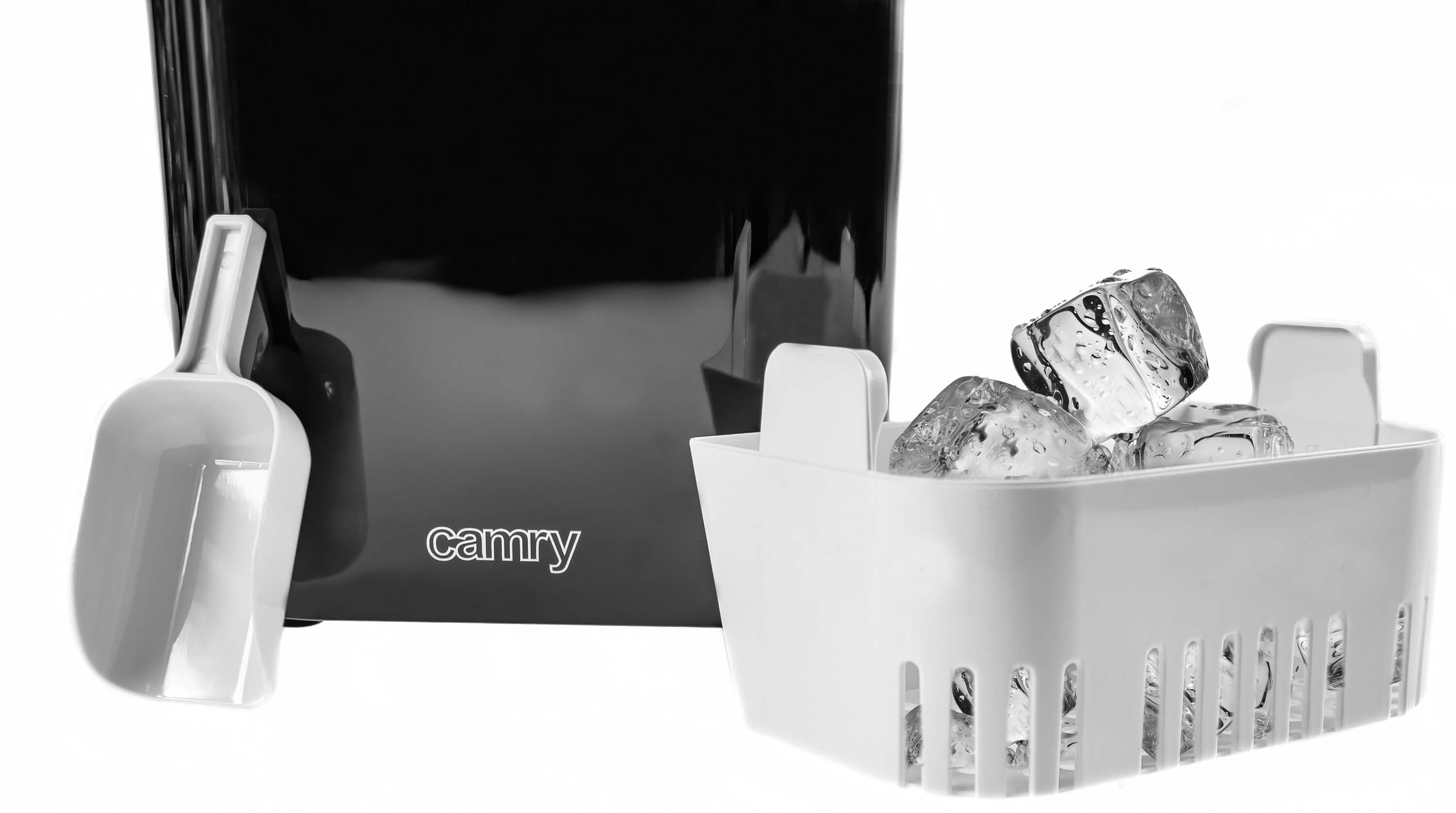 Maszyna do lodu z łopatką i koszem z kostkami lodu.