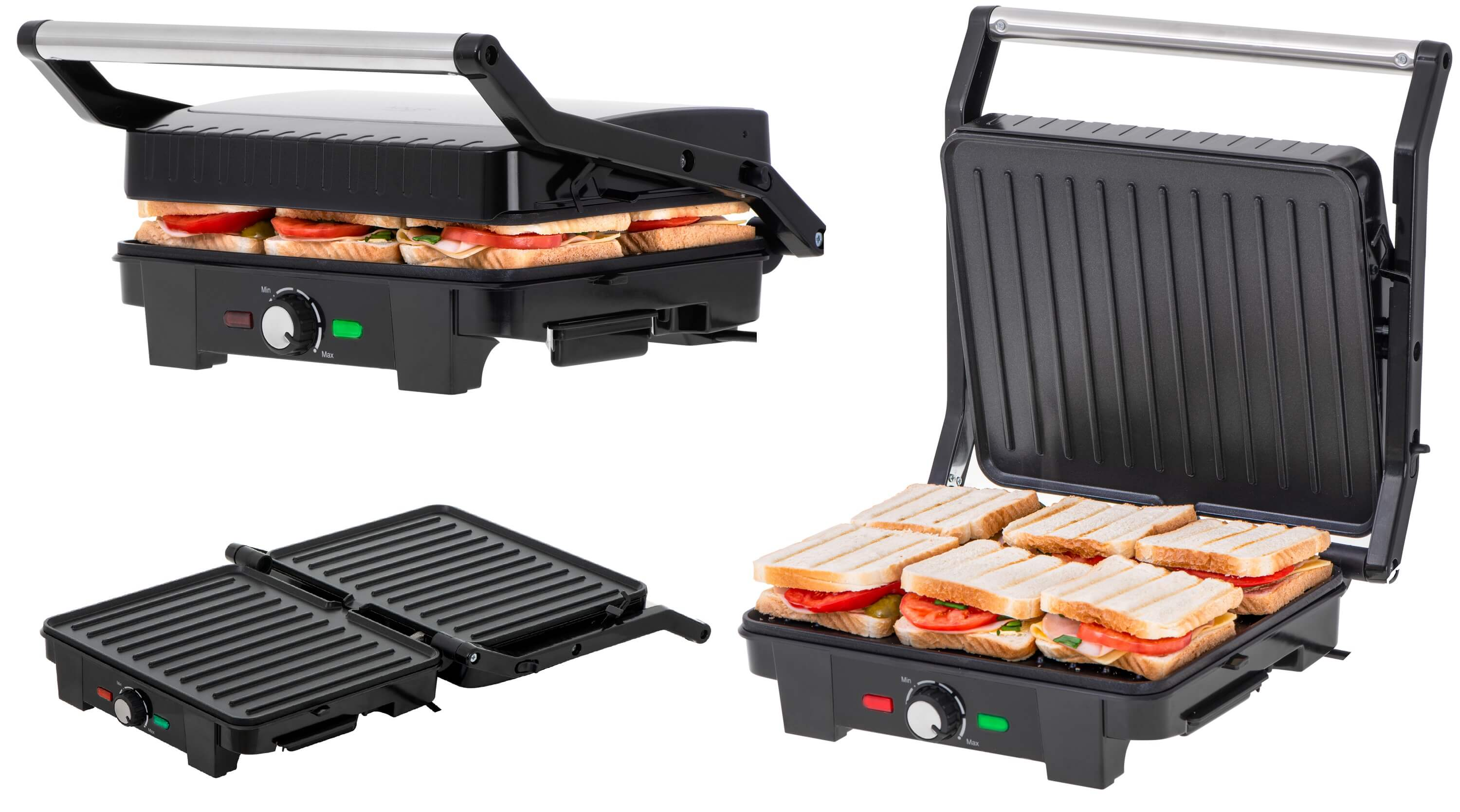 Grill z kanapkami. Wiele widoków: zamknięty, otwarty i z otwartymi płytami grillowymi.