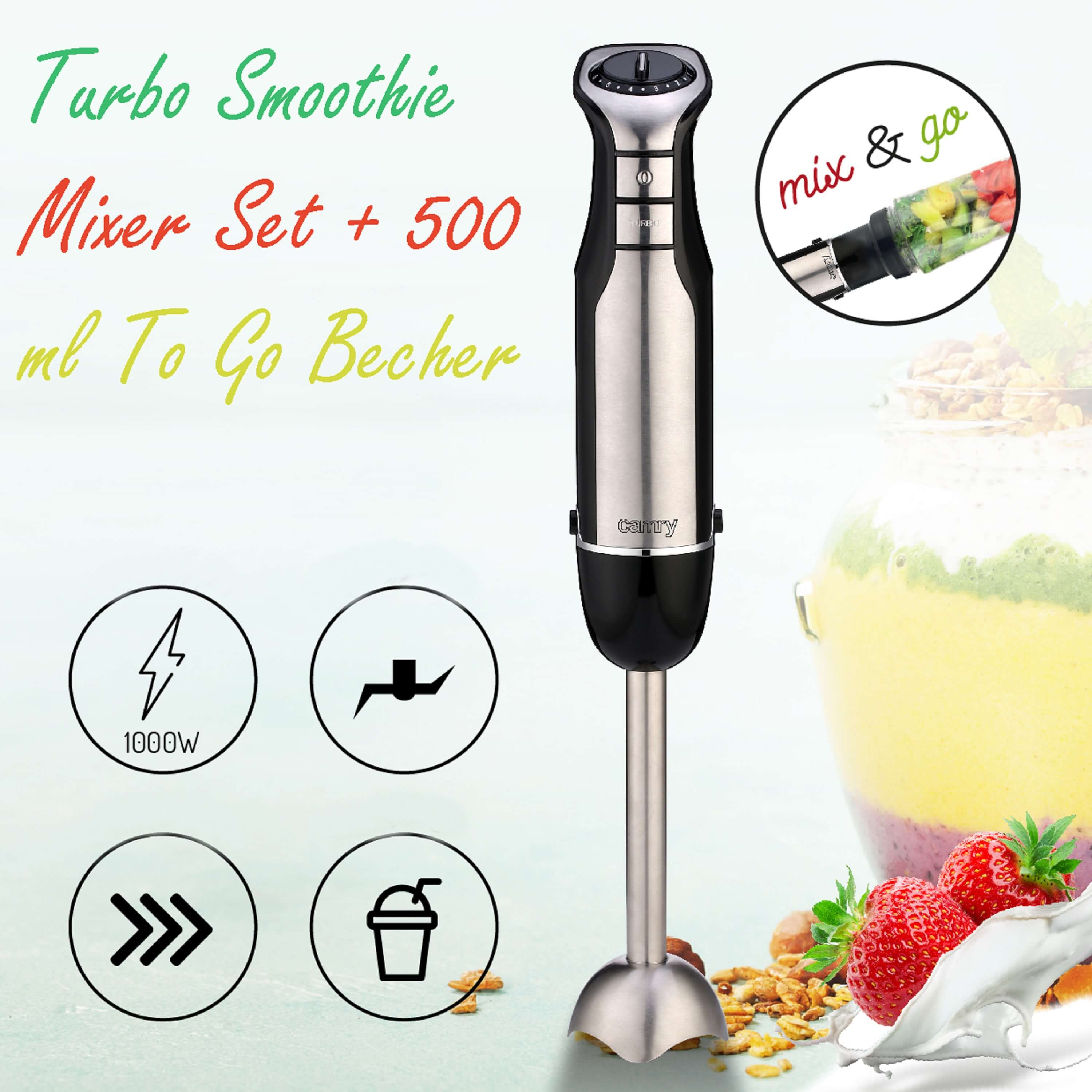 Zestaw miksera Turbo Smoothie z kubkiem 500 ml na wynos. Widoczne ikony i koktajl.