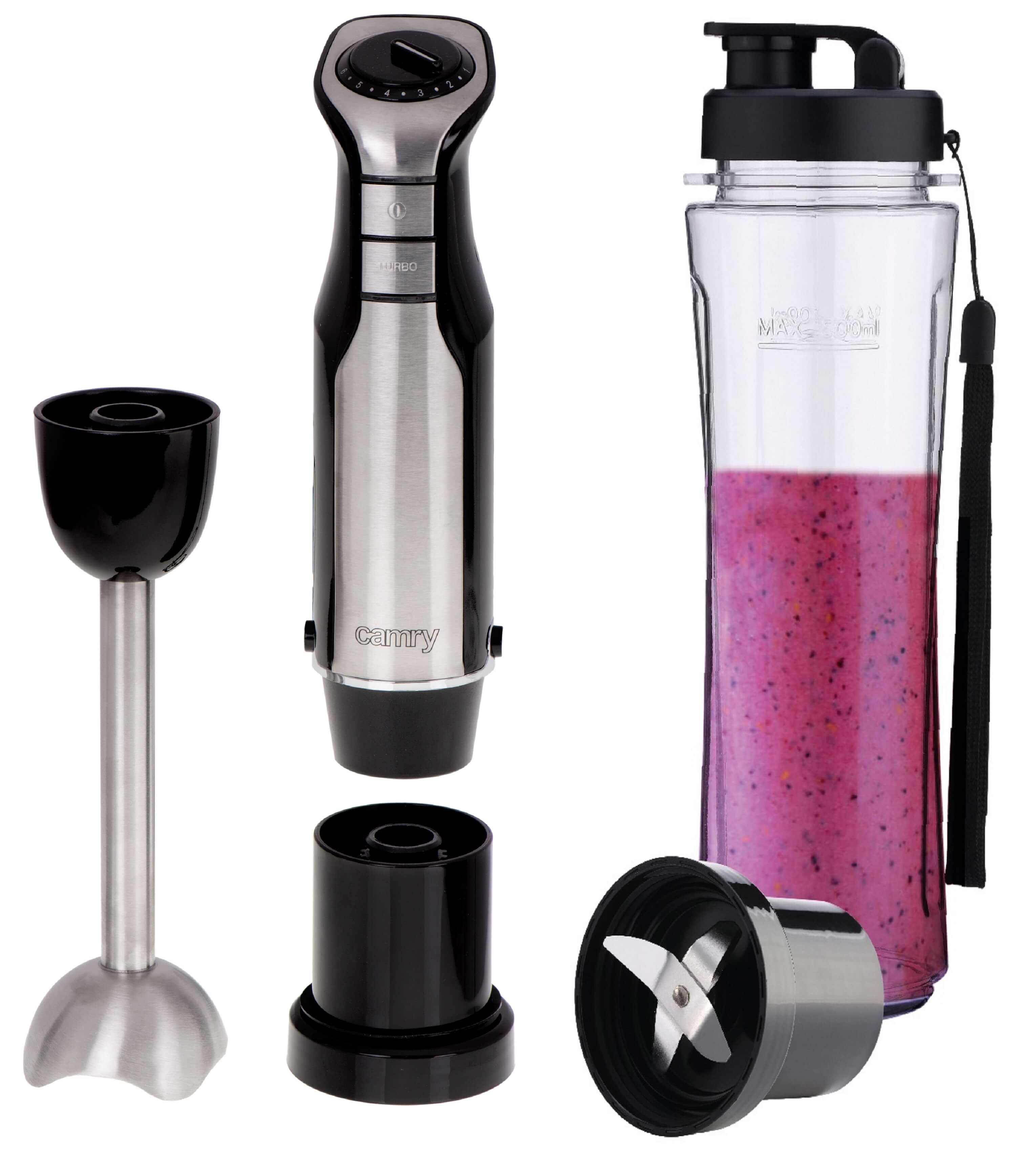 Blender z akcesoriami: baza do blendowania, kubek do blendowania z różowym płynem i ostrze.