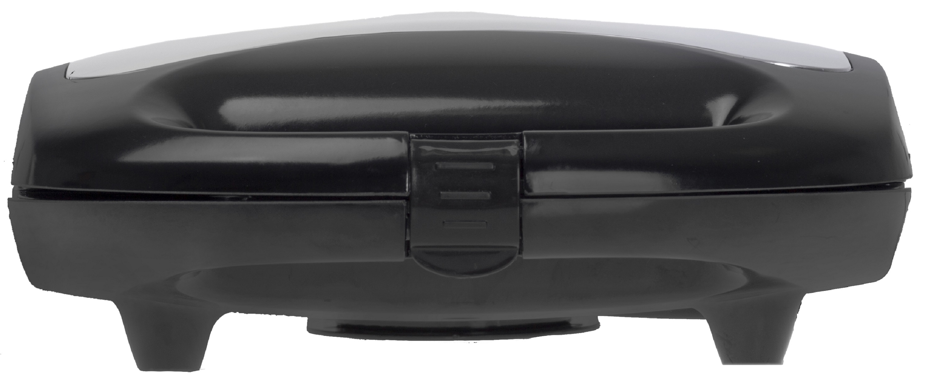 A black and silver sandwich maker with a silver top and short legs.