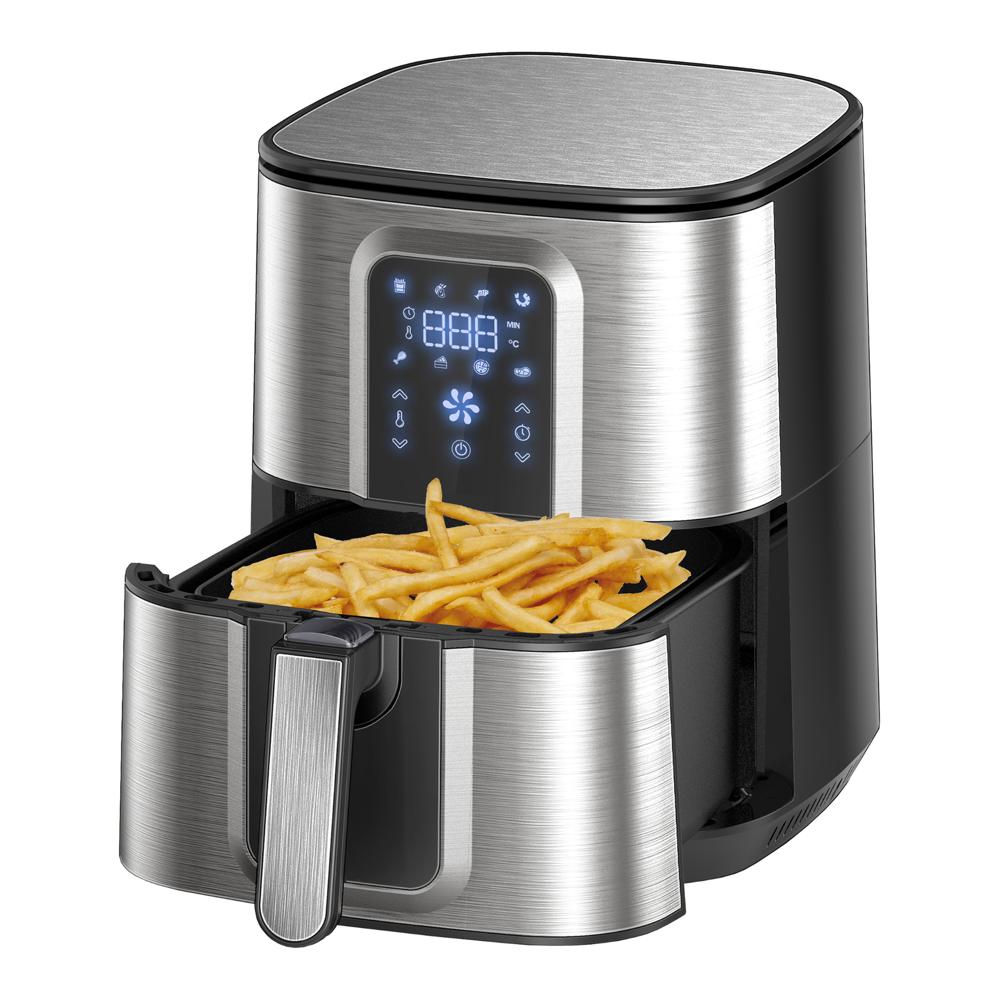 Heißluftfritteuse mit Pommes im Korb. Digitalanzeige zeigt Temperatur und Einstellungen.