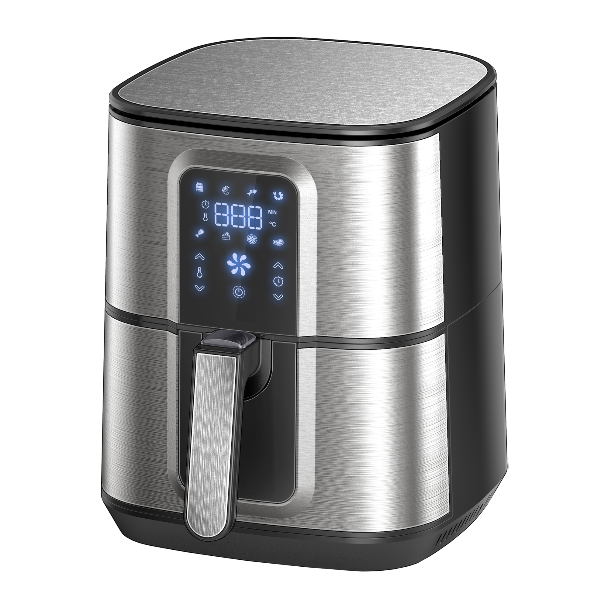 Silber-schwarze Heißluftfritteuse mit Digitalanzeige. Sie hat einen Griff vorne.