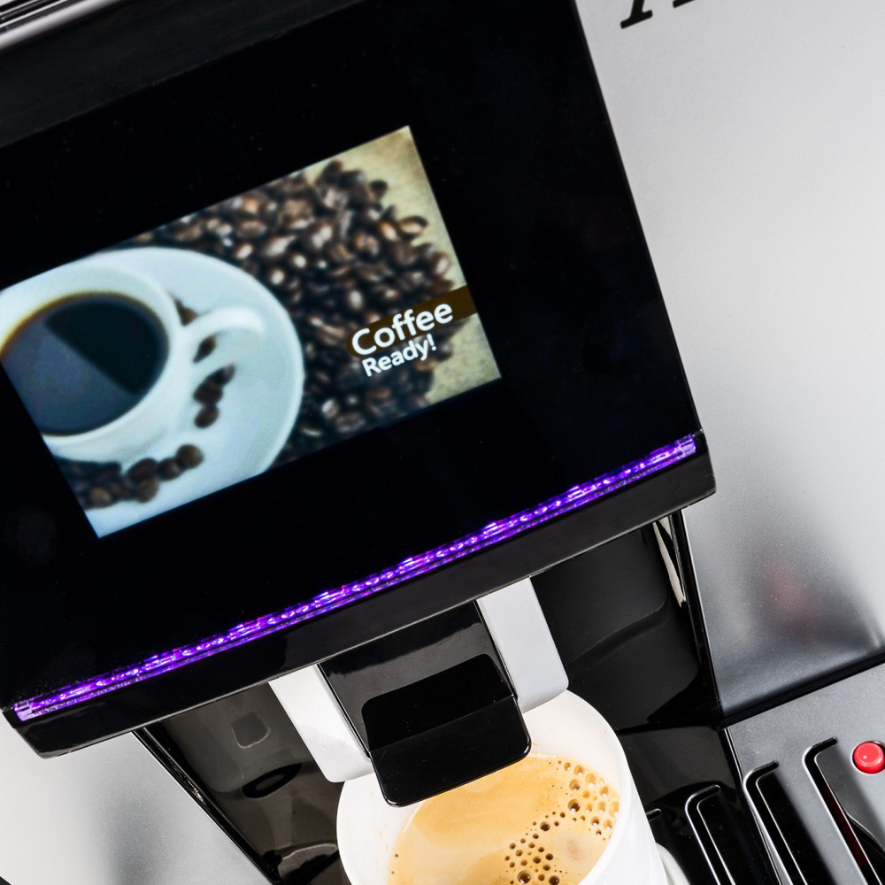 Kaffeemaschine Bildschirm, Kaffee und Text anzeigend