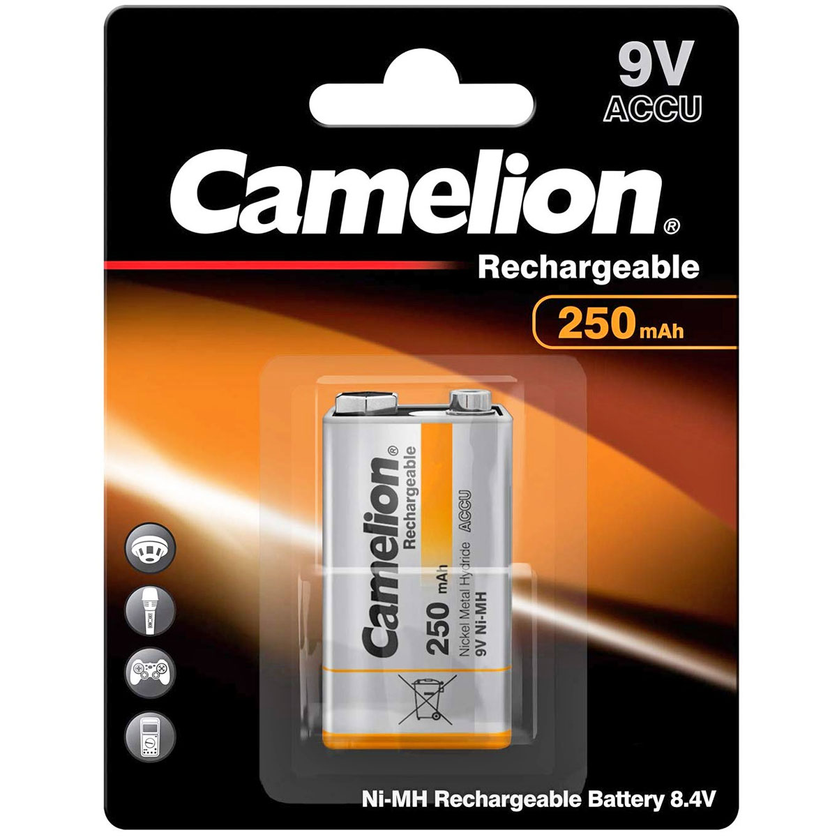 Akumulator Camelion 9V, 250mAh, na białym tle.