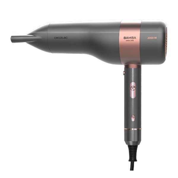 Asciugacapelli grigio scuro con dettagli oro rosa. Sfondo bianco.