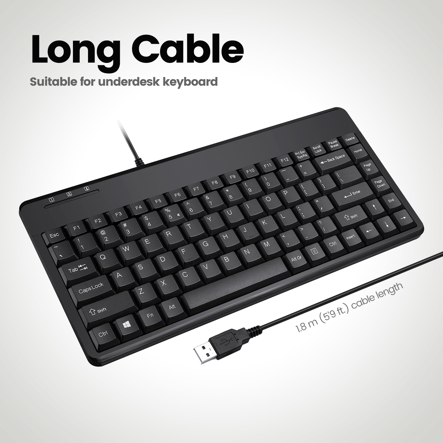 Schwarze Tastatur mit Tasten und einem USB-Kabel. Text lautet 'Long Cable'.