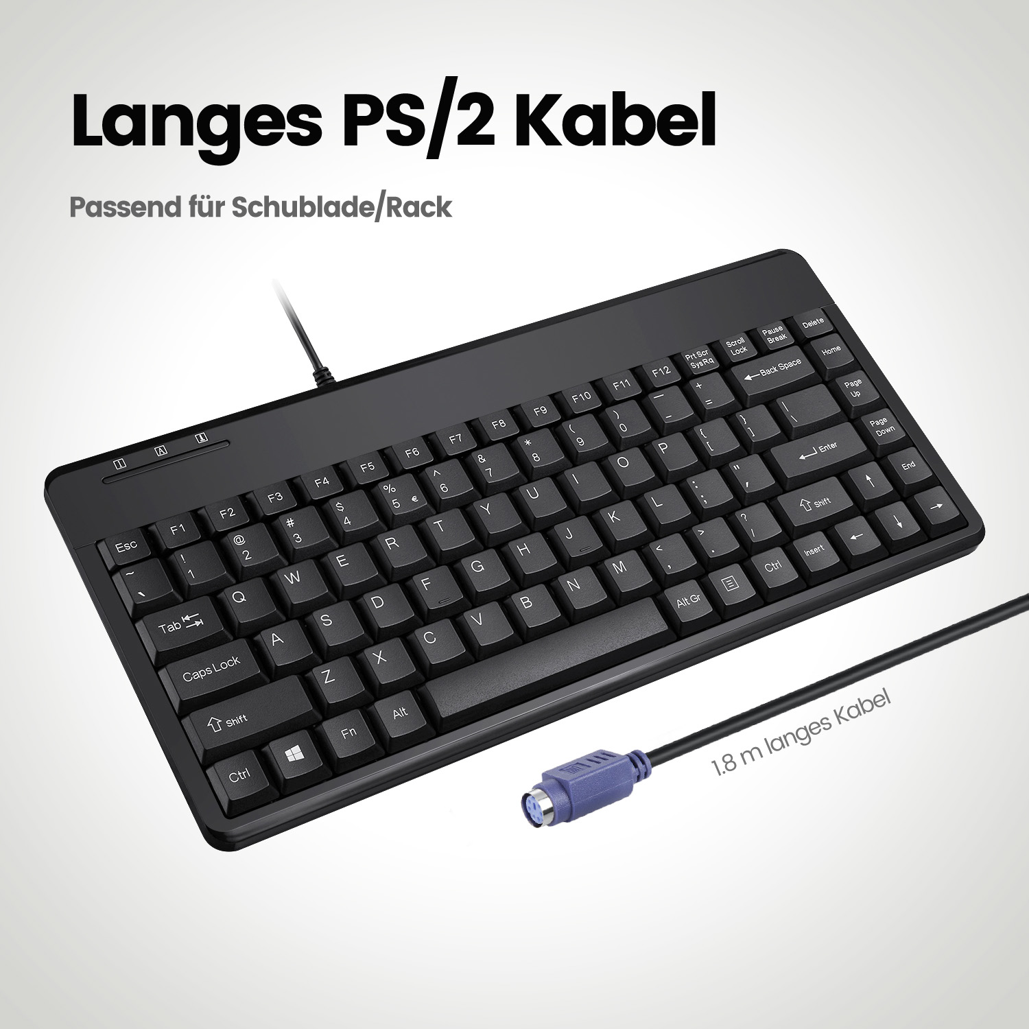 Schwarze Tastatur mit blauem PS/2-Anschluss und 1,8 m Kabel, Text auf Deutsch.