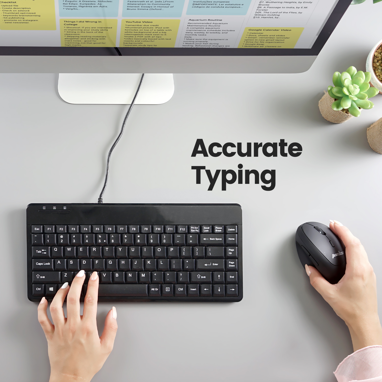 Ein Schreibtisch mit Monitor, Tastatur und Maus. Hände tippen auf der Tastatur. Der Text 'Accurate Typing'.