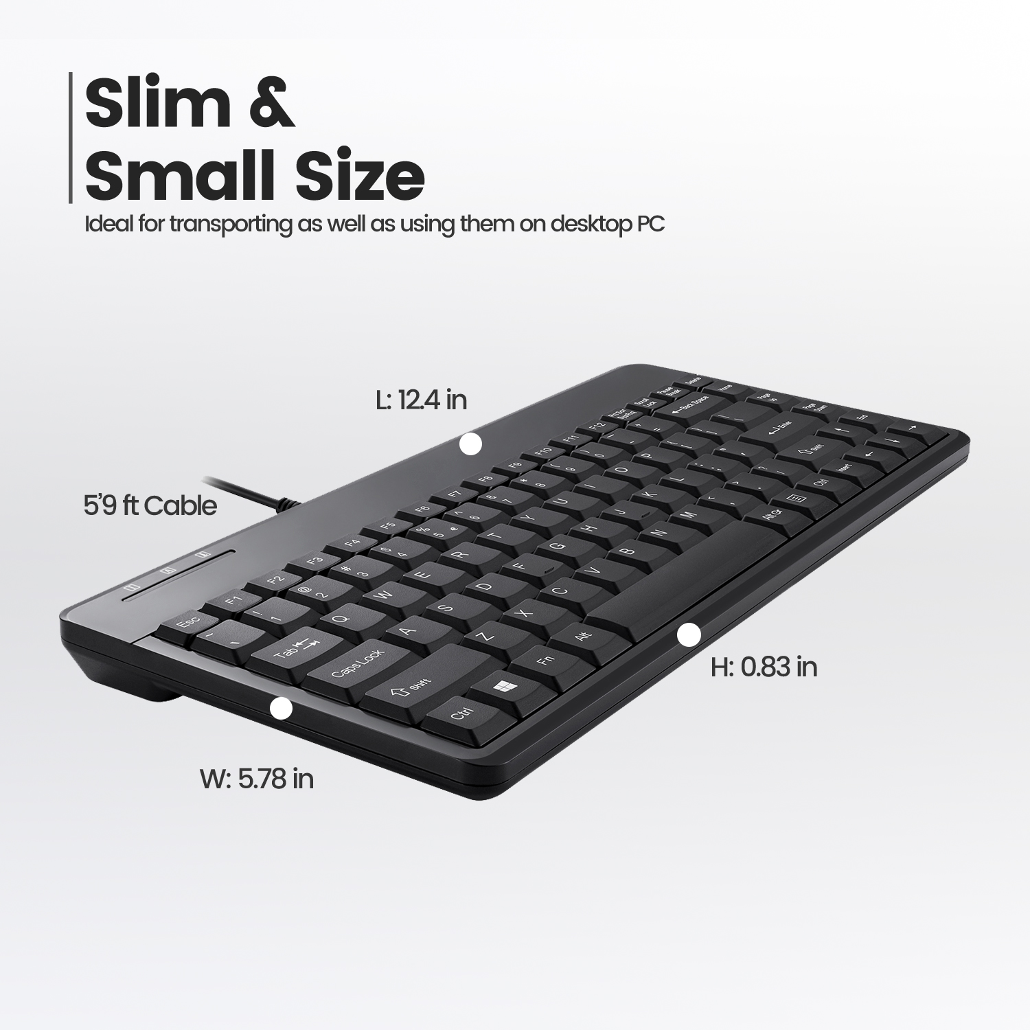 Schwarze Tastatur mit weißem Text und angegebenen Abmessungen.